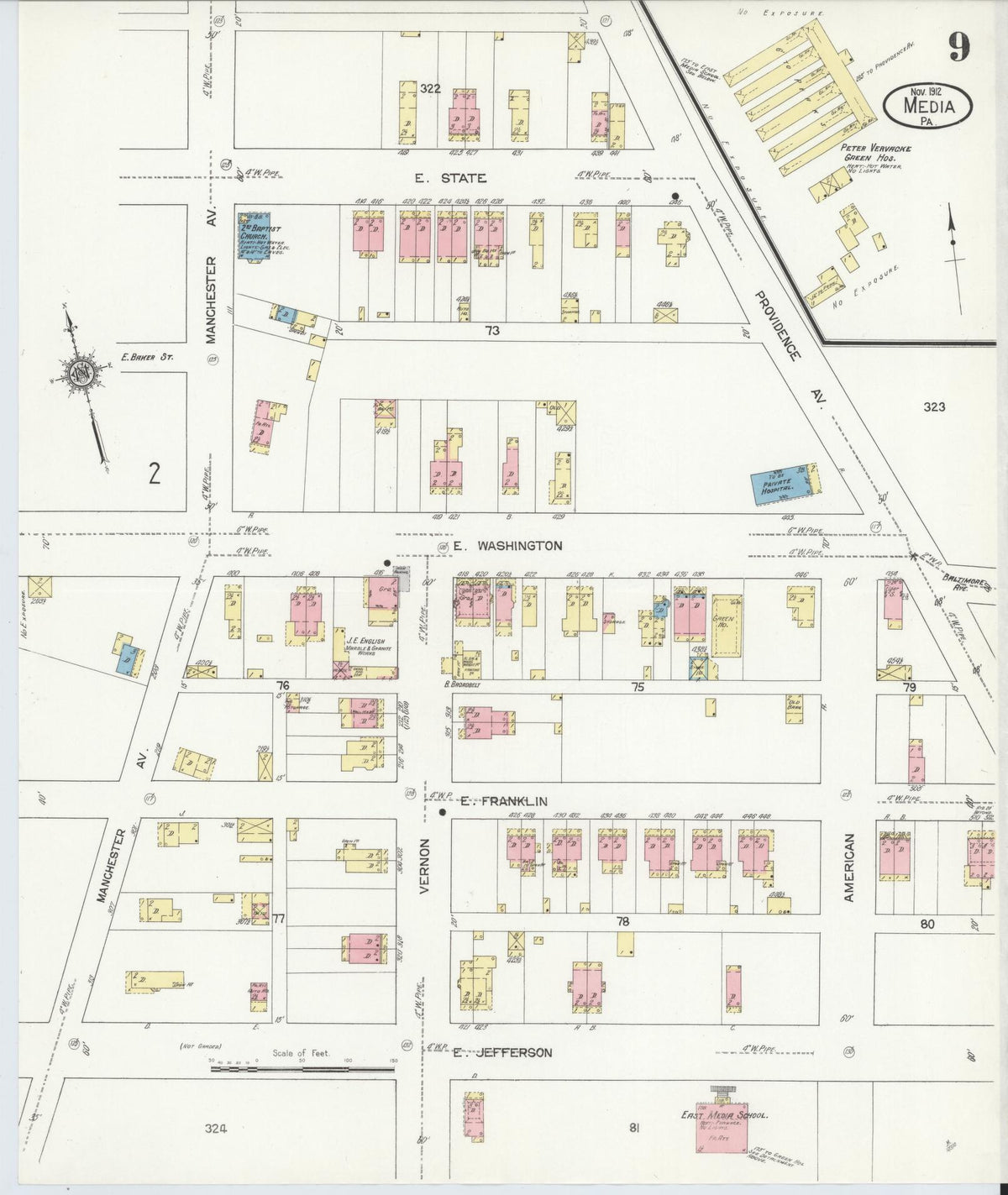Sanborn Fire Insurance Map from Media, Delaware County, Pennsylvania (1912), Sheet #0009 - Historic Sanborn Fire Insurance Map Print, vintage old map wall art, antique decor, genealogy gift, Pennsylvania Pennsylvania map