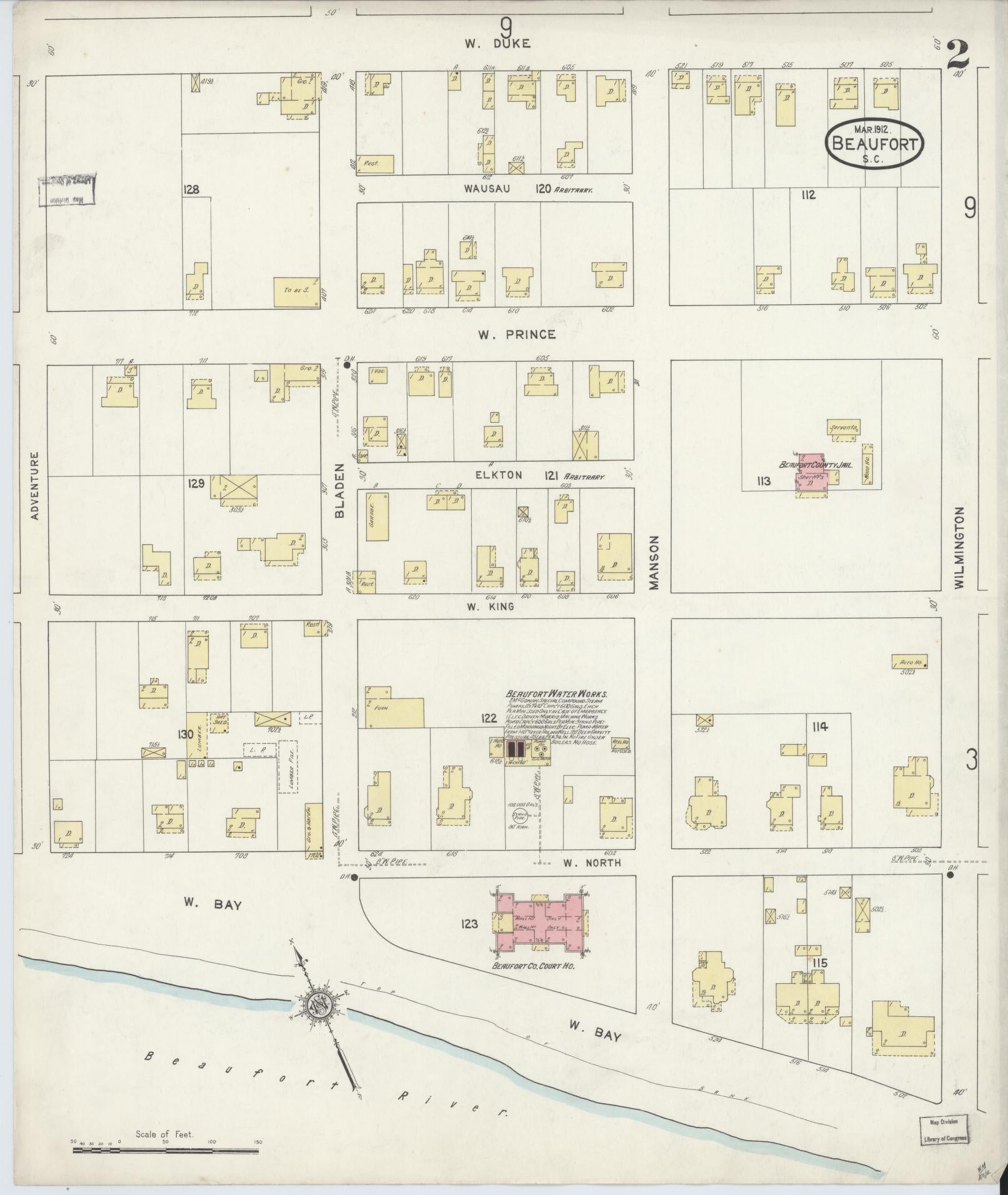 Sanborn Fire Insurance Map from Beaufort, Beaufort County, South Carolina (1912), Sheet #0002 - Historic Sanborn Fire Insurance Map Print, vintage old map wall art, antique decor, genealogy gift, South Carolina South Carolina map