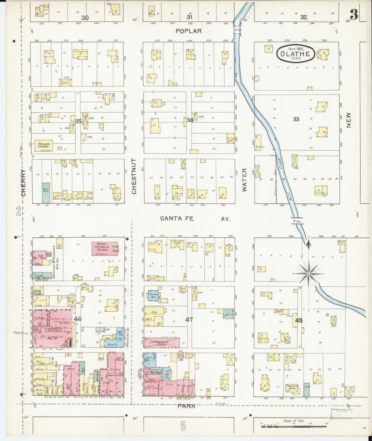 Sanborn Fire Insurance Map from Olathe, Johnson County, Kansas (1892), Sheet #0003 - Complete Map Set gallery image, historic Sanborn map, vintage wall art, Kansas Kansas