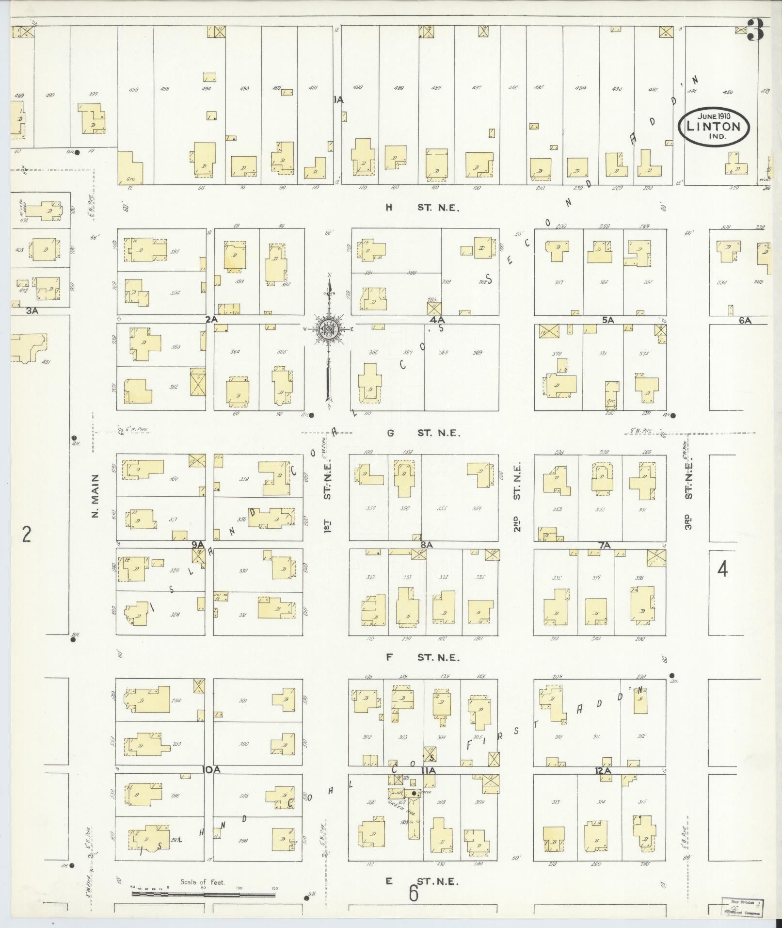 Sanborn Fire Insurance Map from Linton, Greene County, Indiana (1910), Sheet #0003 - Complete Map Set gallery image, historic Sanborn map, vintage wall art, Indiana Indiana