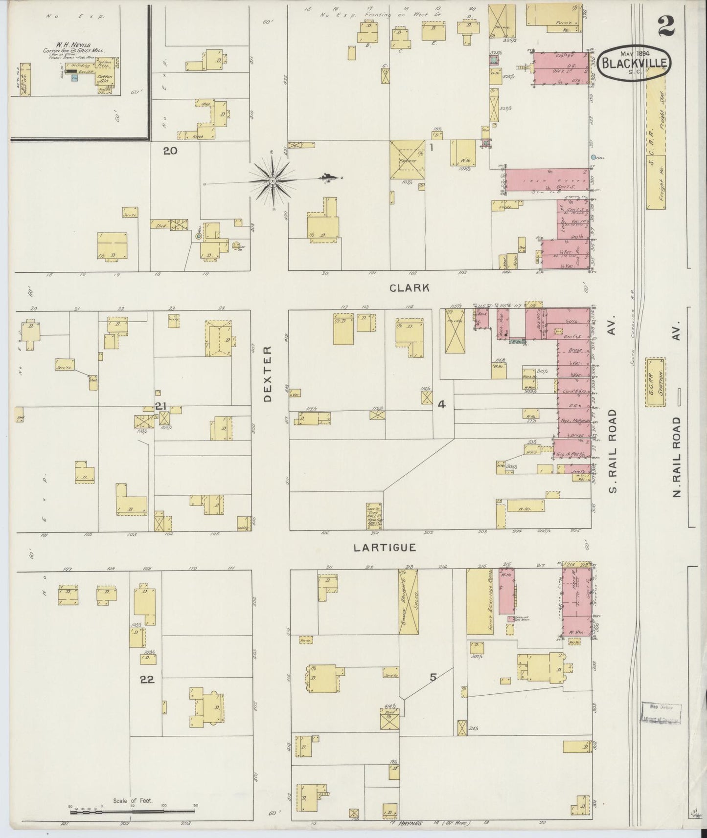 Sanborn Fire Insurance Map from Blackville, Barnwell County, South Carolina (1894), Sheet #0002 - Historic Sanborn Fire Insurance Map Print, vintage old map wall art, antique decor, genealogy gift, South Carolina South Carolina map