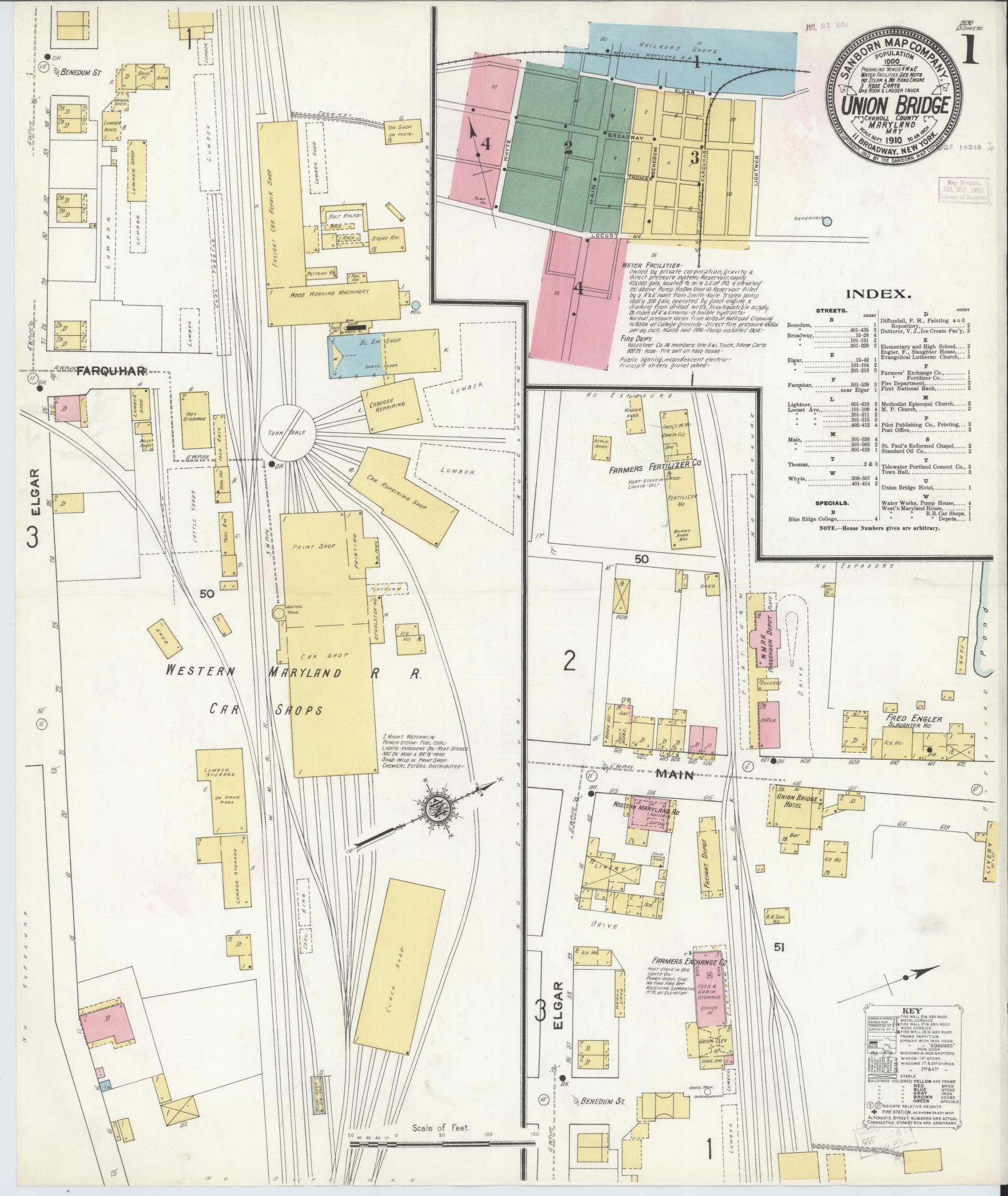 Sanborn Fire Insurance Map from Union Bridge, Carroll County, Maryland (1910), Sheet #0001 - Historic Sanborn Fire Insurance Map Print, vintage old map wall art, antique decor, genealogy gift, Maryland Maryland map