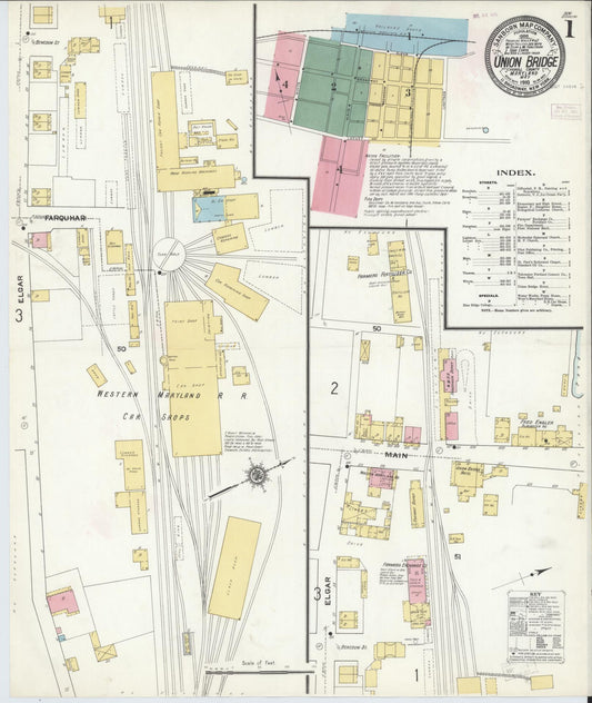 Sanborn Fire Insurance Map from Union Bridge, Carroll County, Maryland (1910), Sheet #0001 - Historic Sanborn Fire Insurance Map Print, vintage old map wall art, antique decor, genealogy gift, Maryland Maryland map