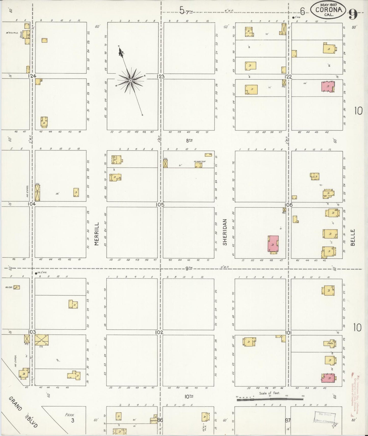 Sanborn Fire Insurance Map from Corona, Riverside County, California (1907), Sheet #0009 - Historic Sanborn Fire Insurance Map Print, vintage old map wall art, antique decor, genealogy gift, California California map