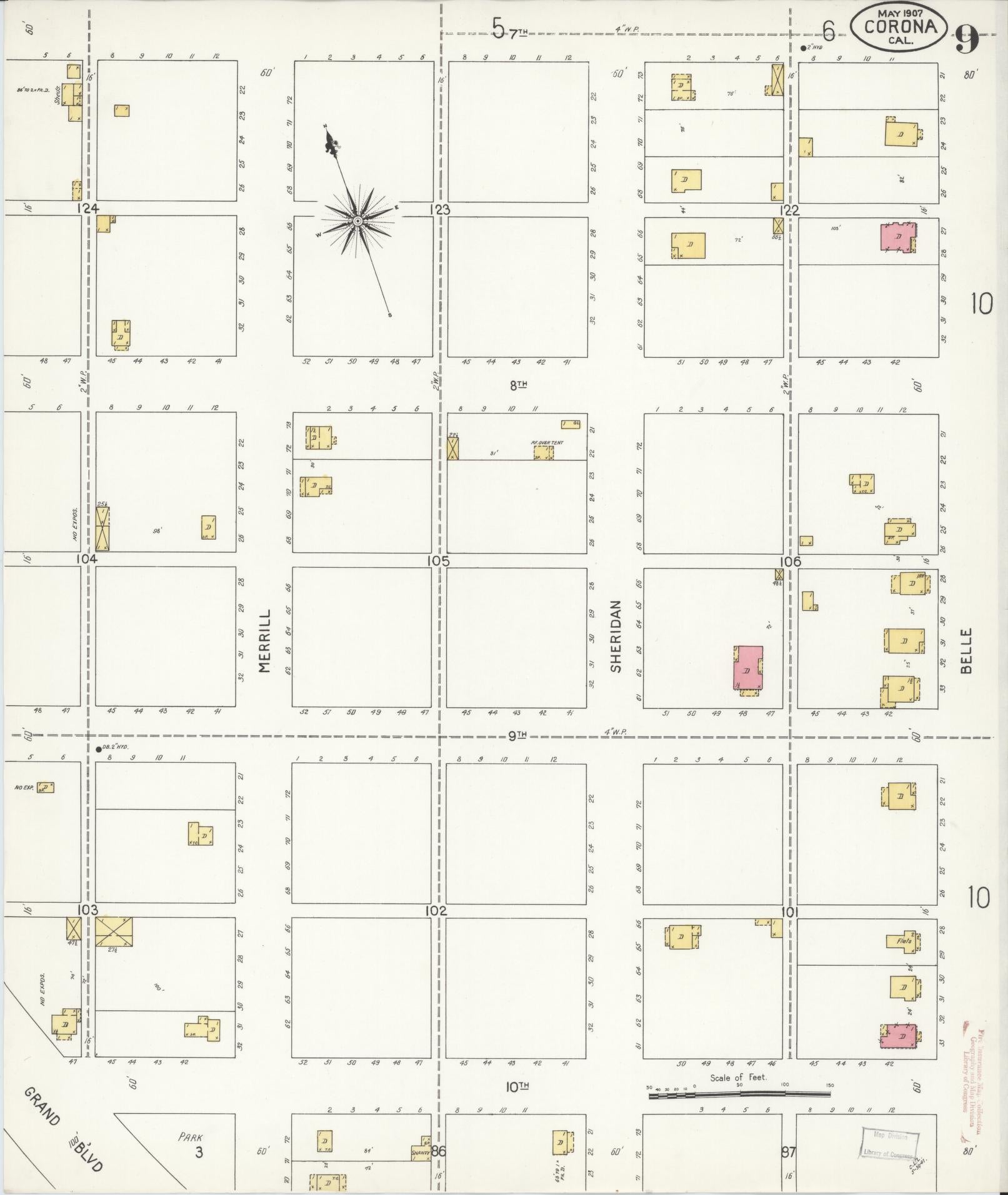 Sanborn Fire Insurance Map from Corona, Riverside County, California (1907), Sheet #0009 - Historic Sanborn Fire Insurance Map Print, vintage old map wall art, antique decor, genealogy gift, California California map