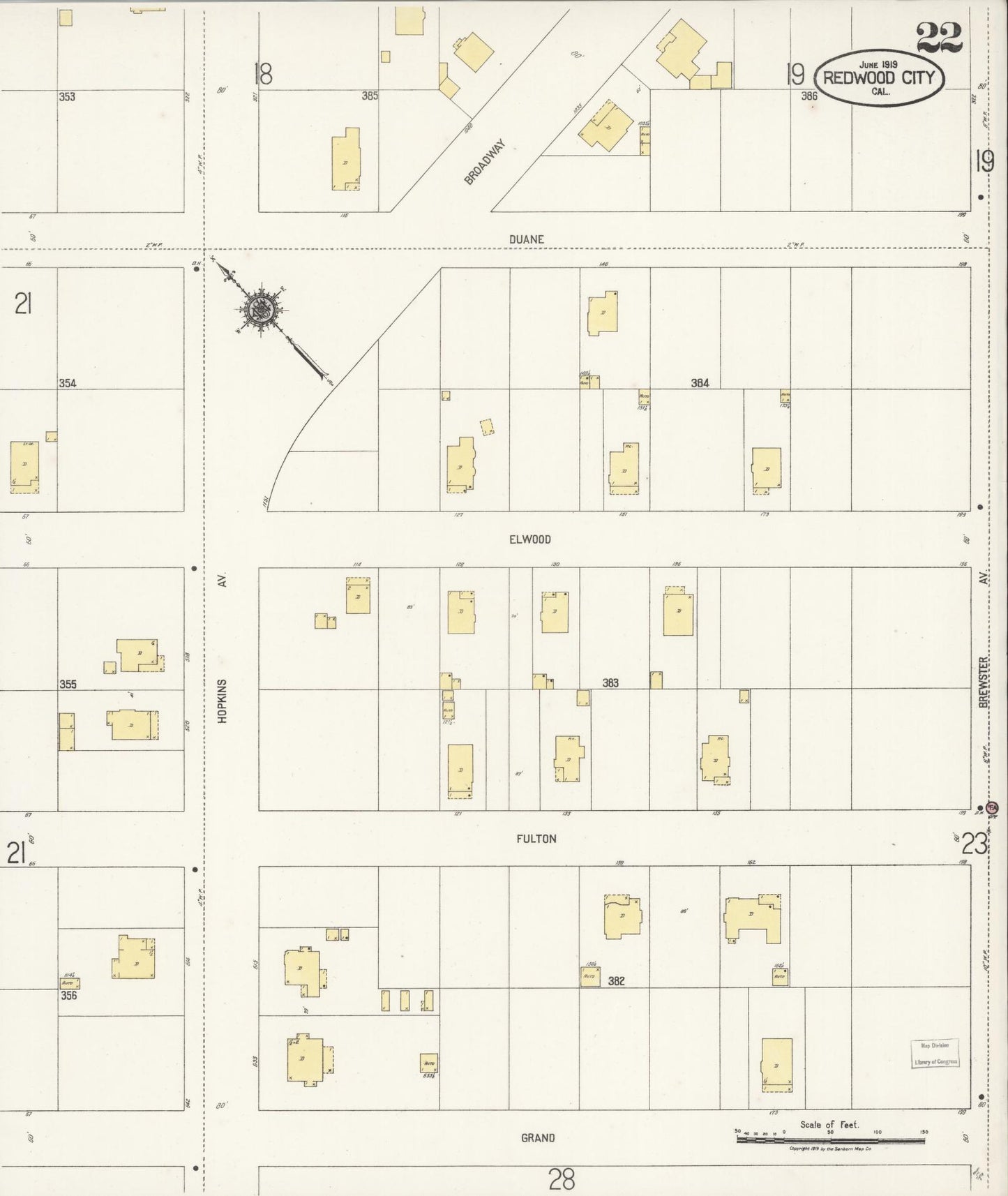 Sanborn Fire Insurance Map from Redwood City, San Mateo County, California (1919), Sheet #0022 - Complete Map Set gallery image, historic Sanborn map, vintage wall art, California California