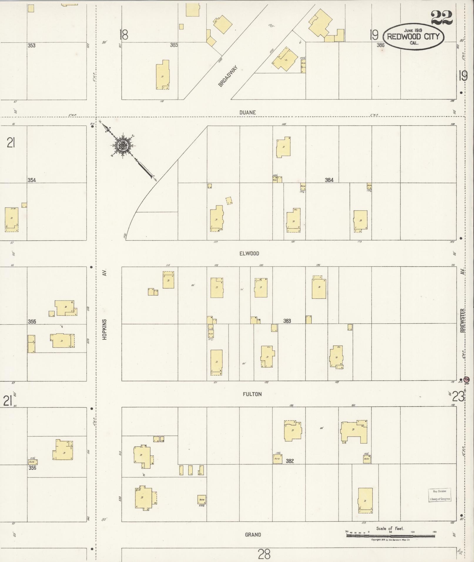 Sanborn Fire Insurance Map from Redwood City, San Mateo County, California (1919), Sheet #0022 - Complete Map Set gallery image, historic Sanborn map, vintage wall art, California California