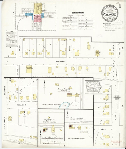 Sanborn Fire Insurance Map from Cincinnati, Appanoose County, Iowa (1913), Sheet #0001 - Historic Sanborn Fire Insurance Map Print, vintage old map wall art