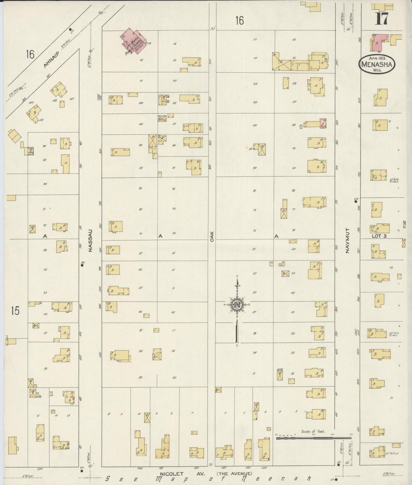 Sanborn Fire Insurance Map from Menasha, Winnebago County, Wisconsin (1913), Sheet #0017 - Historic Sanborn Fire Insurance Map Print, vintage old map wall art, antique decor, genealogy gift, Wisconsin Wisconsin map