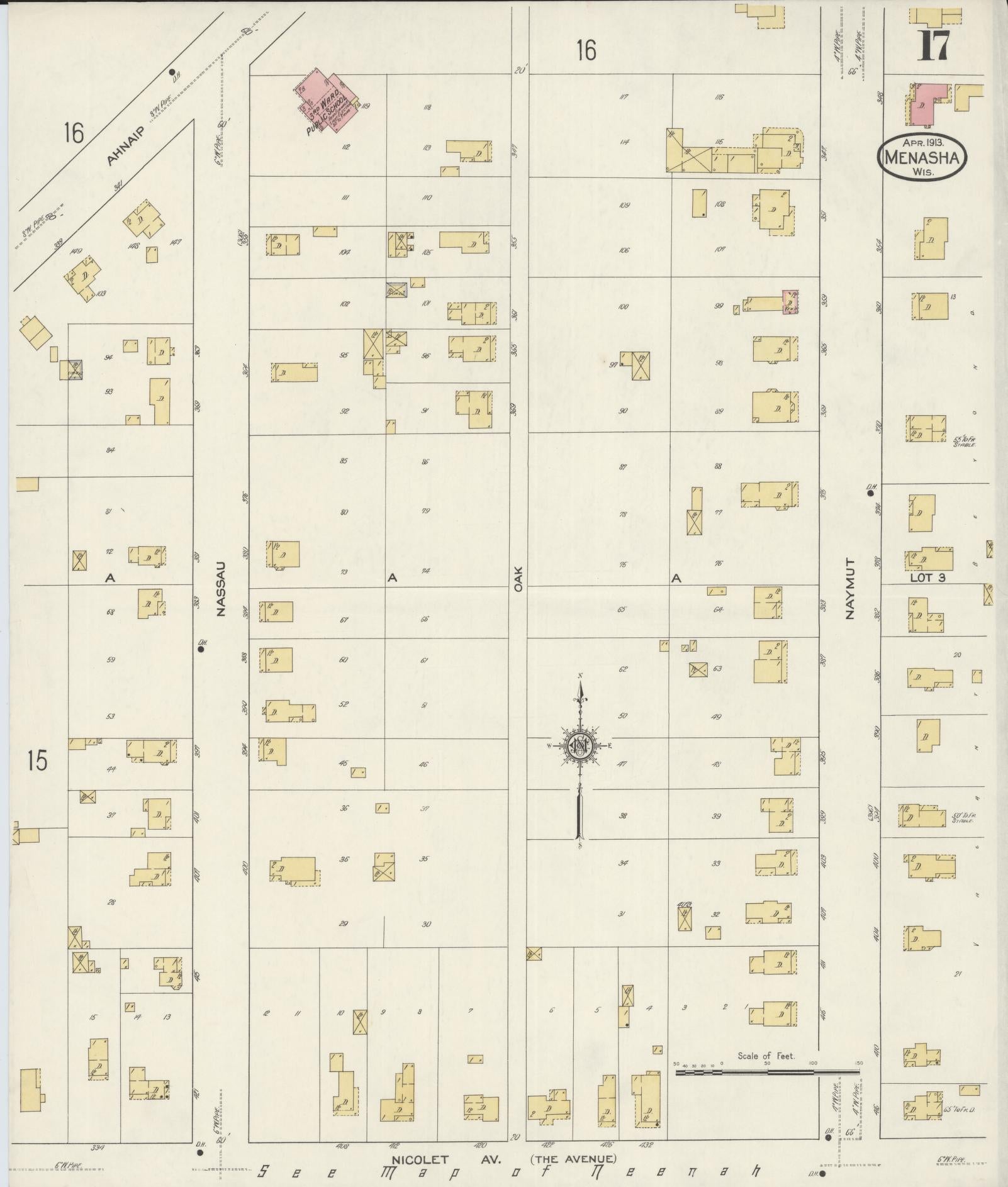 Sanborn Fire Insurance Map from Menasha, Winnebago County, Wisconsin (1913), Sheet #0017 - Historic Sanborn Fire Insurance Map Print, vintage old map wall art, antique decor, genealogy gift, Wisconsin Wisconsin map