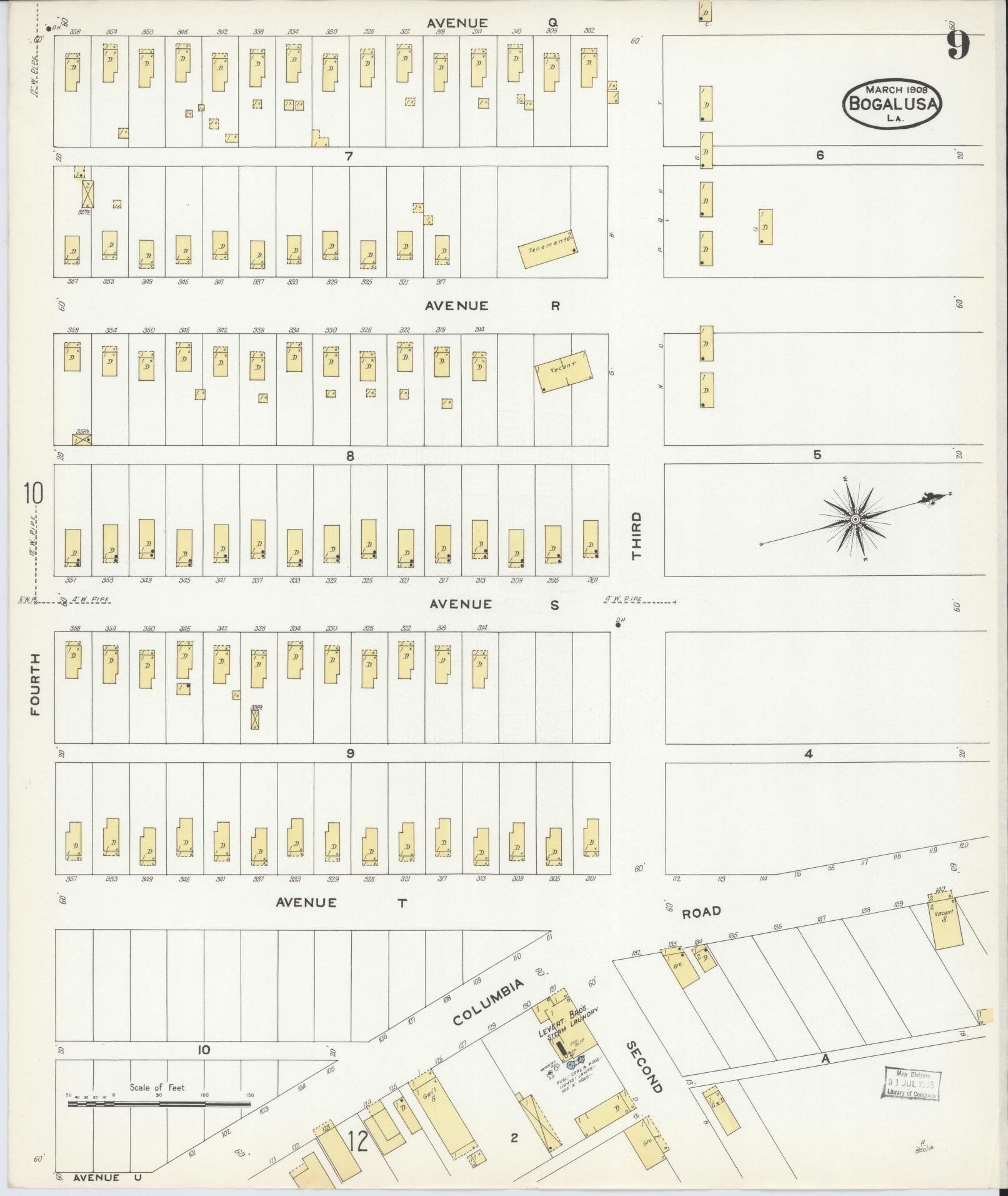 Sanborn Fire Insurance Map from Bogalusa, Washington Parish, Louisiana (1908), Sheet #0009 - Historic Sanborn Fire Insurance Map Print, vintage old map wall art, antique decor, genealogy gift, Louisiana Louisiana map