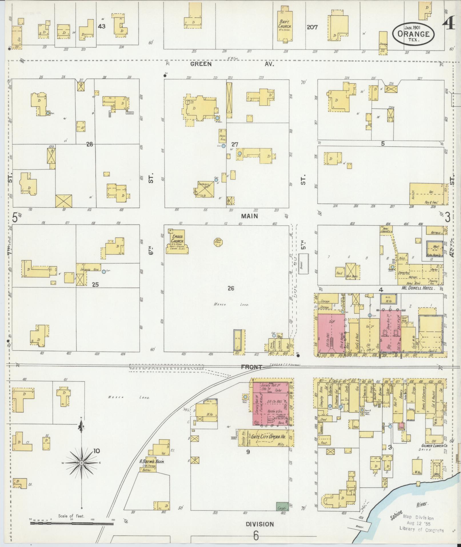 Sanborn Fire Insurance Map from Orange, Orange County, Texas (1901), Sheet #0004 - Historic Sanborn Fire Insurance Map Print, vintage old map wall art, antique decor, genealogy gift, Texas Texas map