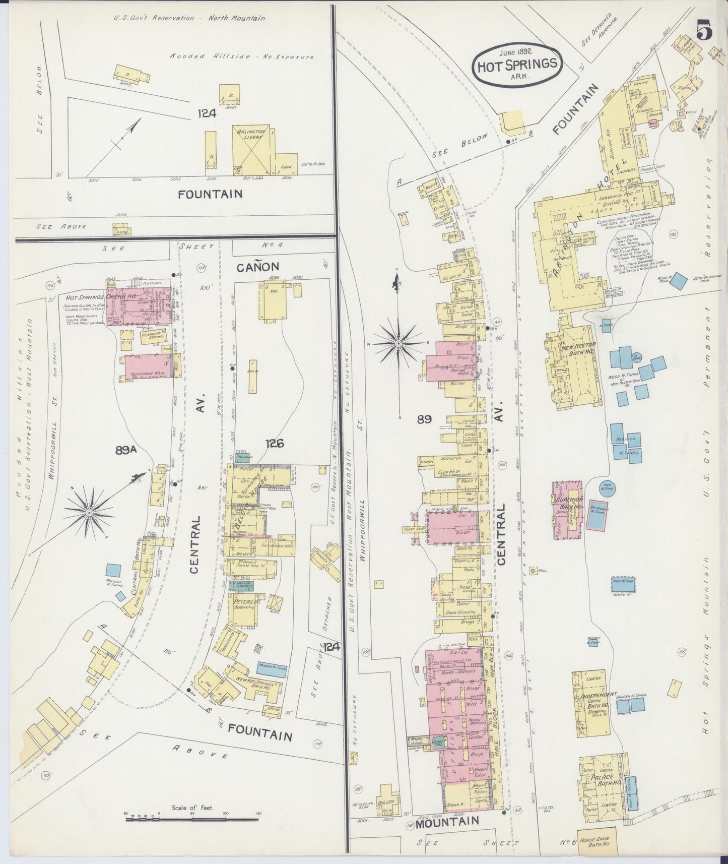 Sanborn Fire Insurance Map from Hot Springs, Garland County, Arkansas (1892), Sheet #0005 - Complete Map Set gallery image, historic Sanborn map, vintage wall art, Arkansas Arkansas