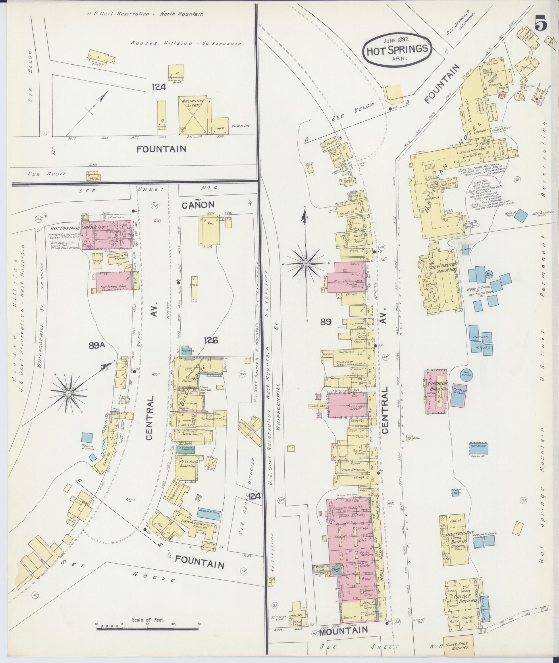 Sanborn Fire Insurance Map from Hot Springs, Garland County, Arkansas (1892), Sheet #0005 - Complete Map Set gallery image, historic Sanborn map, vintage wall art, Arkansas Arkansas