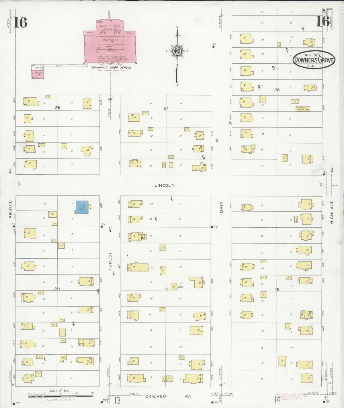 Sanborn Fire Insurance Map from Downers Grove, Dupage County, Illinois (1927), Sheet #0016 - Historic Sanborn Fire Insurance Map Print, vintage old map wall art, antique decor, genealogy gift, Illinois Illinois map