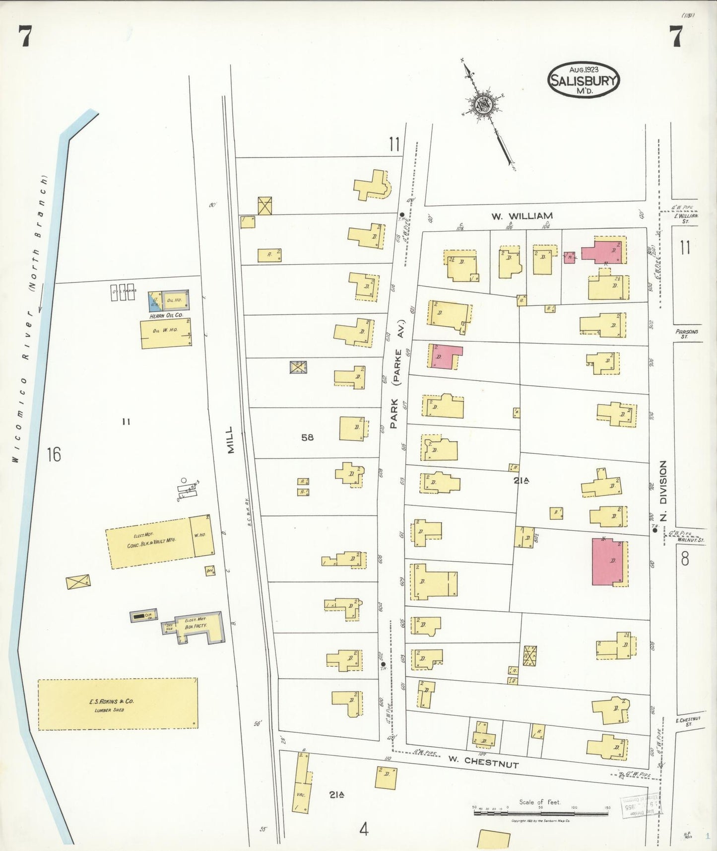 Sanborn Fire Insurance Map from Salisbury, Wicomico County, Maryland (1923), Sheet #0007 - Complete Map Set gallery image, historic Sanborn map, vintage wall art, Maryland Maryland