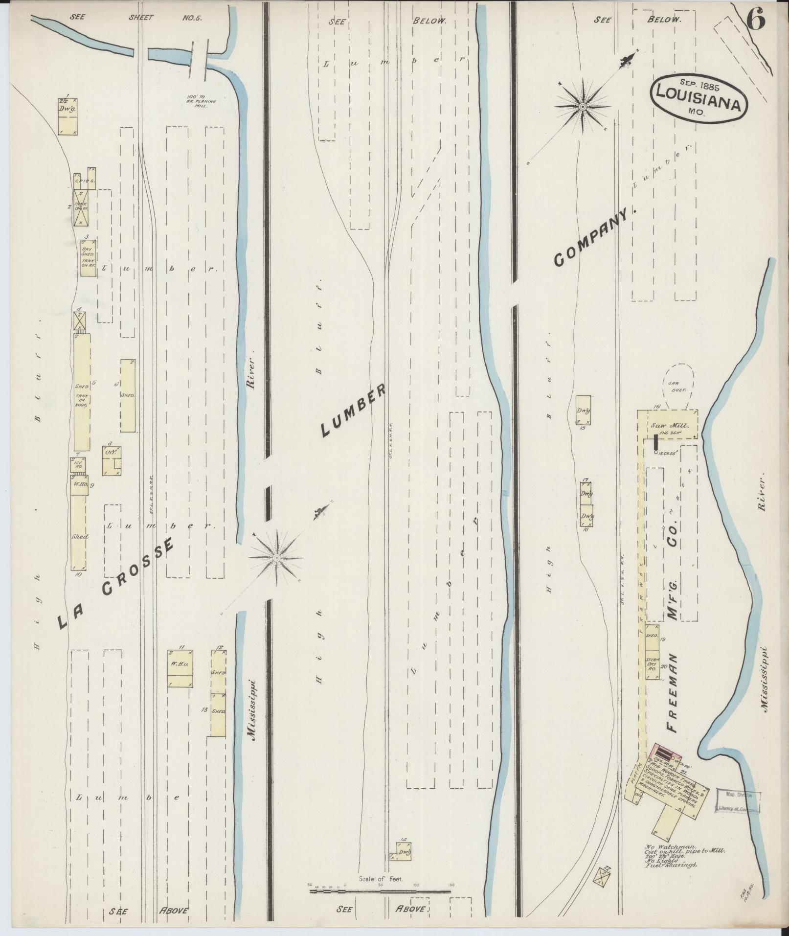Sanborn Fire Insurance Map from Louisiana, Pike County, Missouri (1885), Sheet #0006 - Historic Sanborn Fire Insurance Map Print, vintage old map wall art, antique decor, genealogy gift, Missouri Missouri map