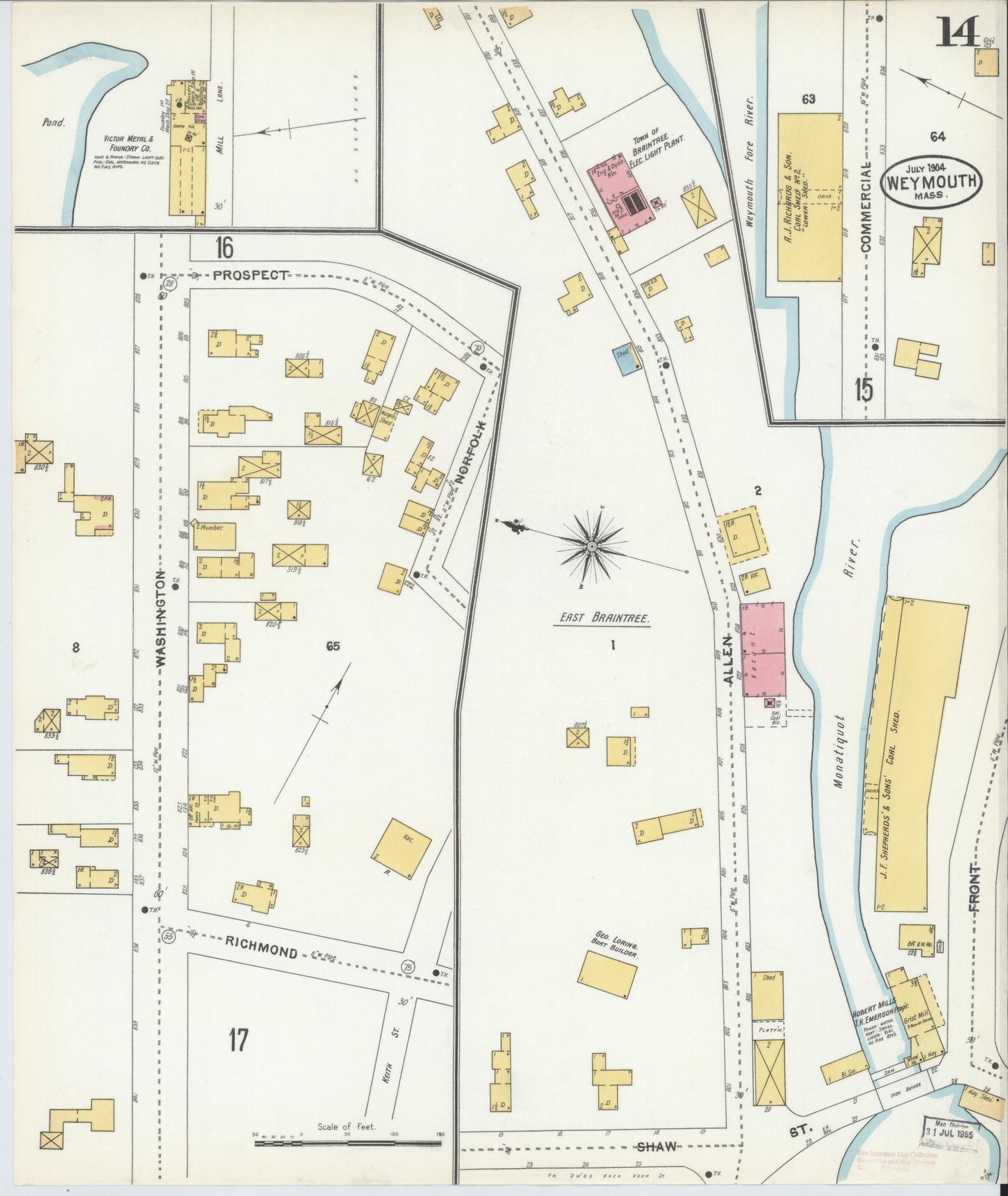 Sanborn Fire Insurance Map from Weymouth, Norfolk County, Massachusetts (1904), Sheet #0014 - Complete Map Set gallery image, historic Sanborn map, vintage wall art, Massachusetts Massachusetts