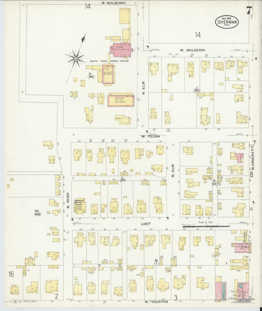 Sanborn Fire Insurance Map from Sherman, Grayson County, Texas (1908), Sheet #0007 - Historic Sanborn Fire Insurance Map Print, vintage old map wall art, antique decor, genealogy gift, Texas Texas map