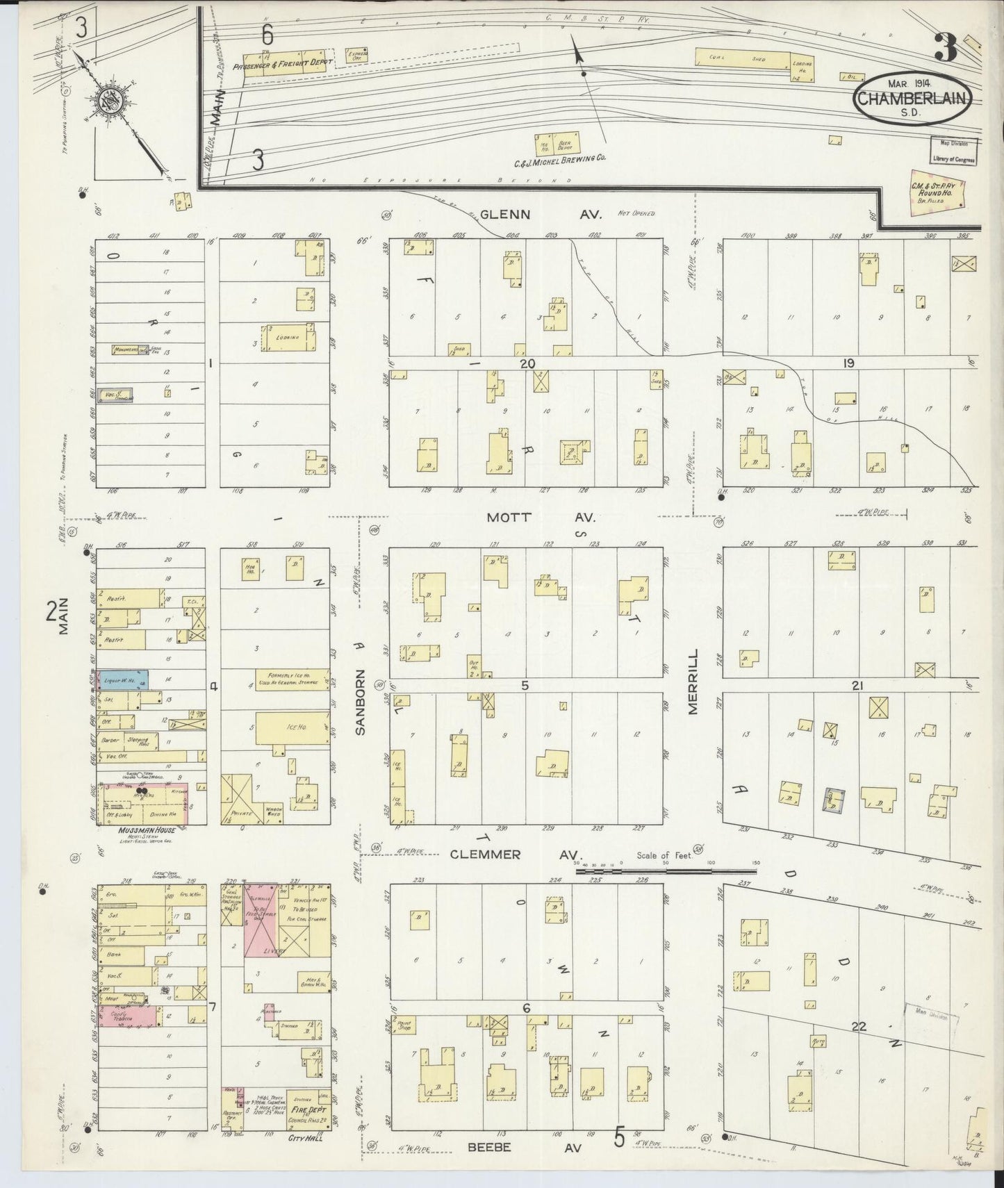 Sanborn Fire Insurance Map from Chamberlain, Brule County, South Dakota (1914), Sheet #0003 - Complete Map Set gallery image, historic Sanborn map, vintage wall art, South Dakota South Dakota