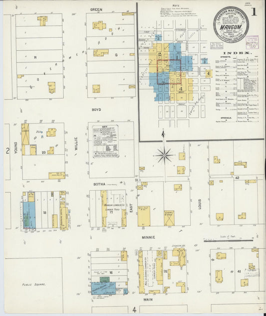Sanborn Fire Insurance Map from Mangum, Greer County, Oklahoma (1904), Sheet #0001 - Historic Sanborn Fire Insurance Map Print, vintage old map wall art, antique decor, genealogy gift, Oklahoma Oklahoma map