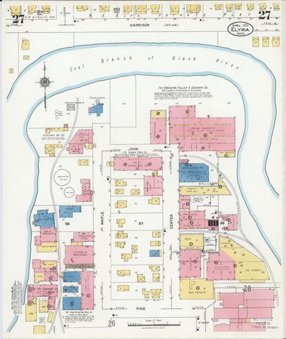 Sanborn Fire Insurance Map from Elyria, Lorain County, Ohio (1925), Sheet #0027 - Historic Sanborn Fire Insurance Map Print, vintage old map wall art, antique decor, genealogy gift, Ohio Ohio map
