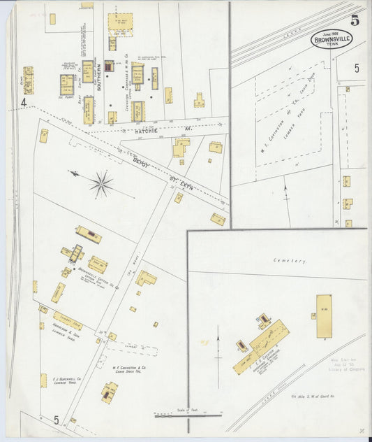 Sanborn Fire Insurance Map from Brownsville, Haywood County, Tennessee (1905), Sheet #0005 - Historic Sanborn Fire Insurance Map Print, vintage old map wall art, antique decor, genealogy gift, Tennessee Tennessee map