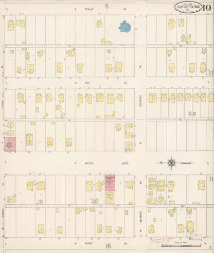 Sanborn Fire Insurance Map from Huntington Park, Los Angeles County, California (1916), Sheet #0010 - Complete Map Set gallery image, historic Sanborn map, vintage wall art, California California