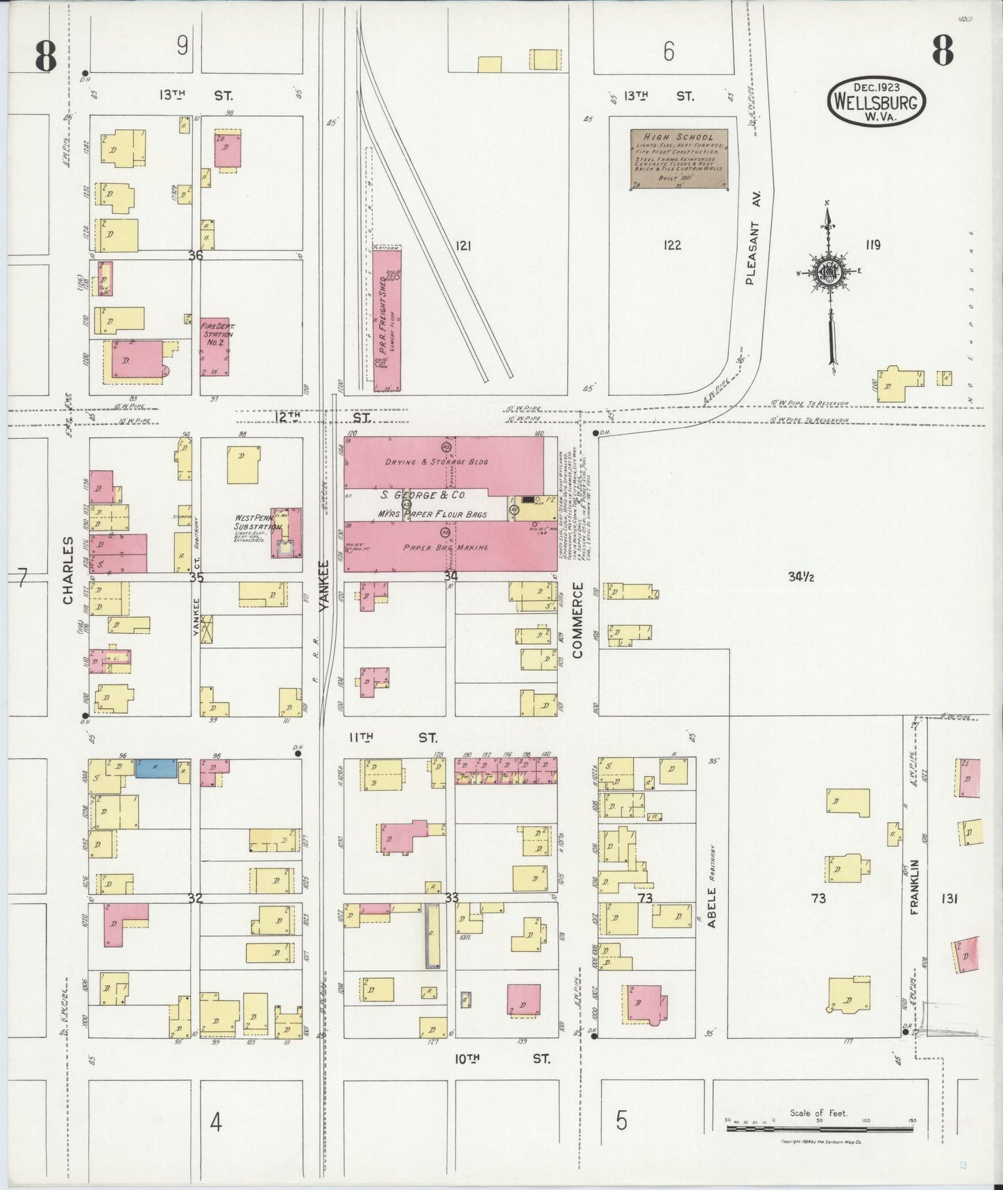 Sanborn Fire Insurance Map from Wellsburg, Brooke County, West Virginia (1923), Sheet #0008 - Complete Map Set gallery image, historic Sanborn map, vintage wall art, West Virginia West Virginia