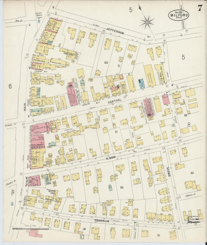 Sanborn Fire Insurance Map from Milford, Worcester County, Massachusetts (1897), Sheet #0007 - Historic Sanborn Fire Insurance Map Print, vintage old map wall art, antique decor, genealogy gift, Massachusetts Massachusetts map
