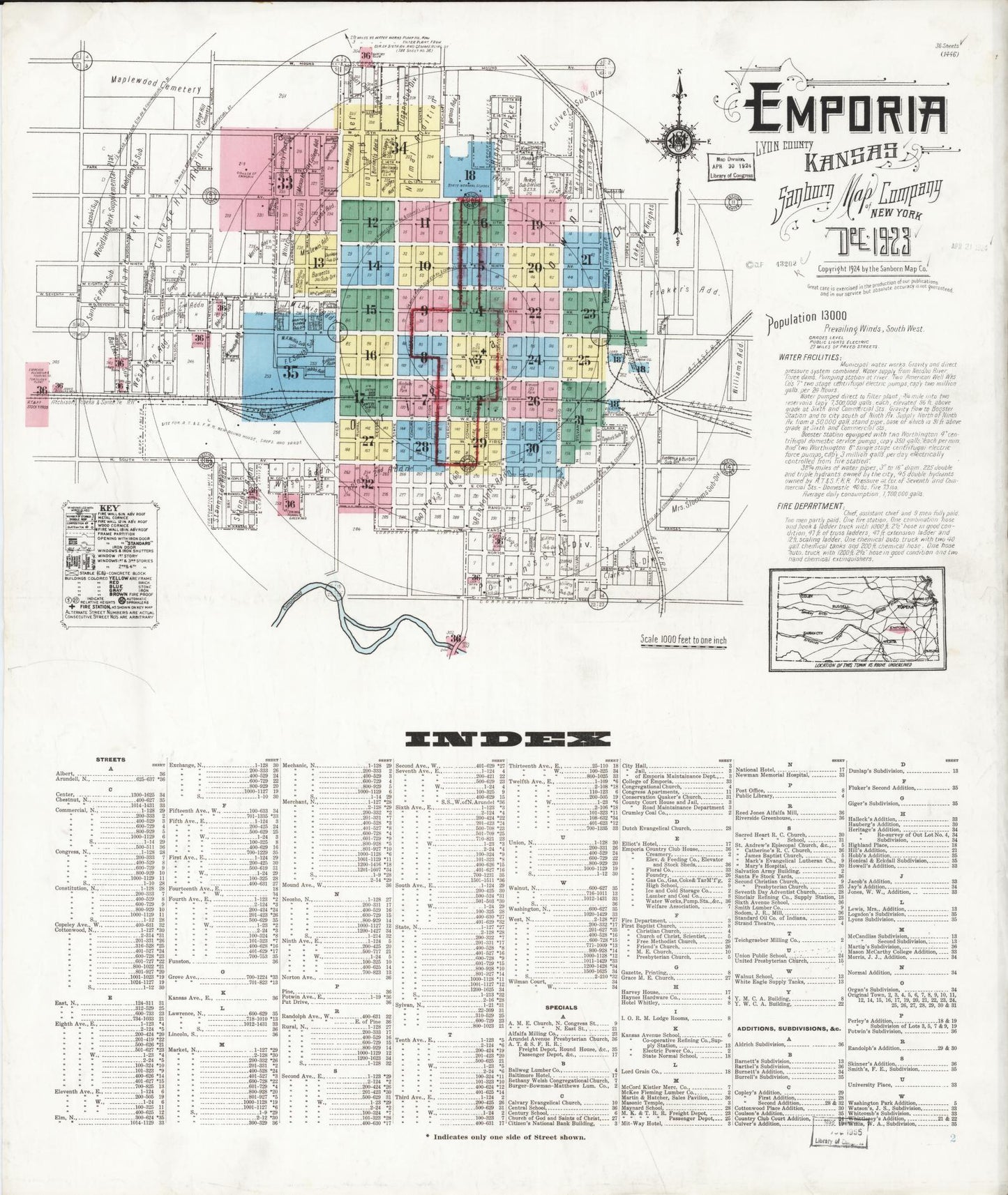 Sanborn Fire Insurance Map from Emporia, Lyon County, Kansas (1923), Sheet #0001 - Complete Map Set gallery image, historic Sanborn map, vintage wall art, Kansas Kansas
