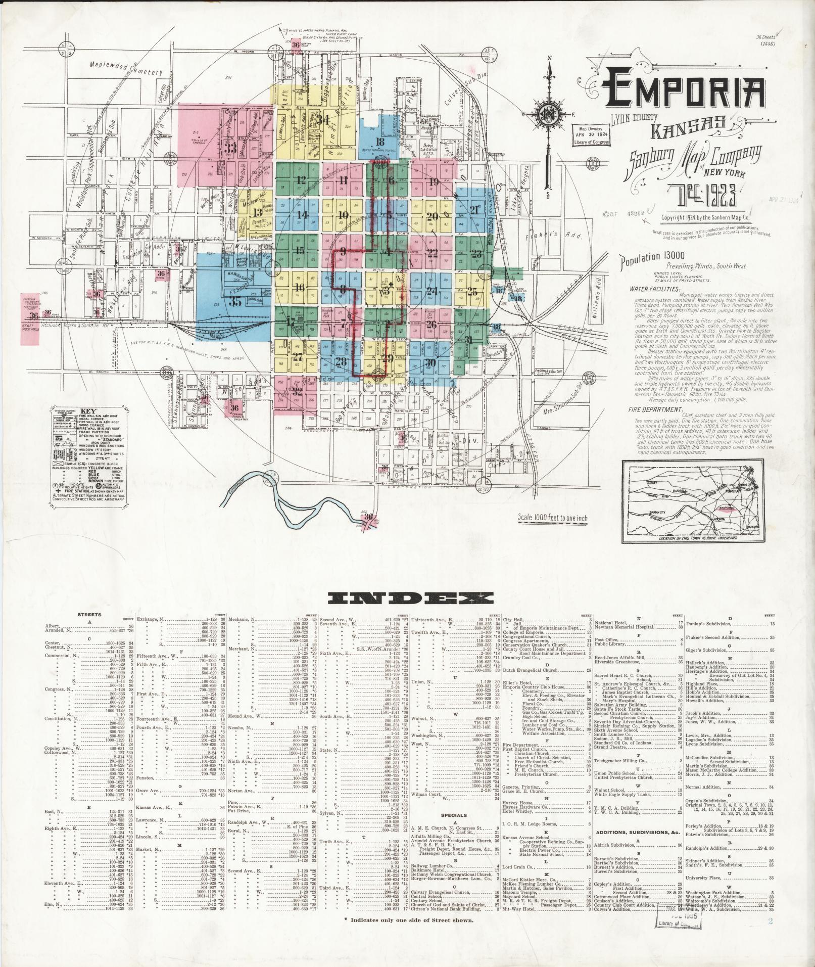 Sanborn Fire Insurance Map from Emporia, Lyon County, Kansas (1923), Sheet #0001 - Complete Map Set gallery image, historic Sanborn map, vintage wall art, Kansas Kansas