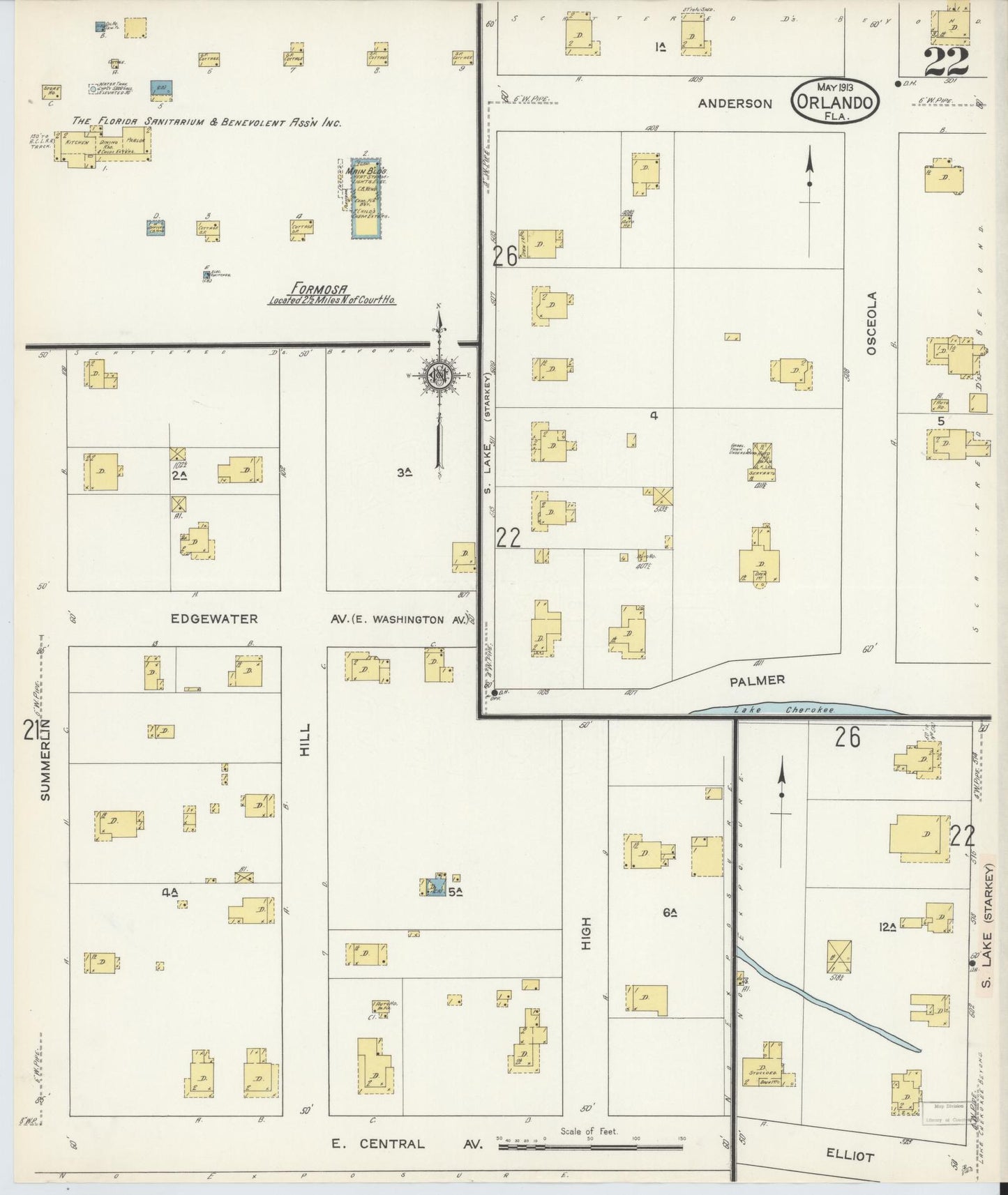 Sanborn Fire Insurance Map from Orlando, Orange County, Florida (1913), Sheet #0022 - Historic Sanborn Fire Insurance Map Print, vintage old map wall art, antique decor, genealogy gift, Florida Florida map