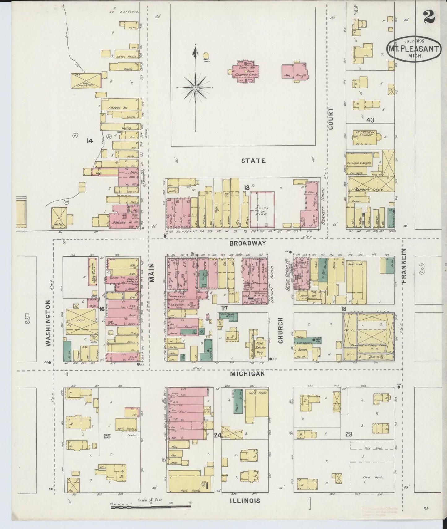 Sanborn Fire Insurance Map from Mount Pleasant, Isabella County, Michigan (1895), Sheet #0002 - Complete Map Set gallery image, historic Sanborn map, vintage wall art, Michigan Michigan