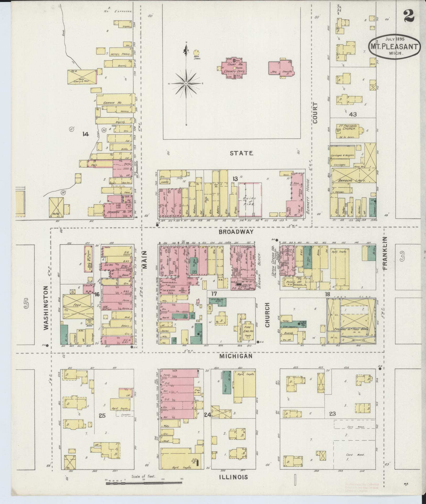 Sanborn Fire Insurance Map from Mount Pleasant, Isabella County, Michigan (1895), Sheet #0002 - Complete Map Set gallery image, historic Sanborn map, vintage wall art, Michigan Michigan