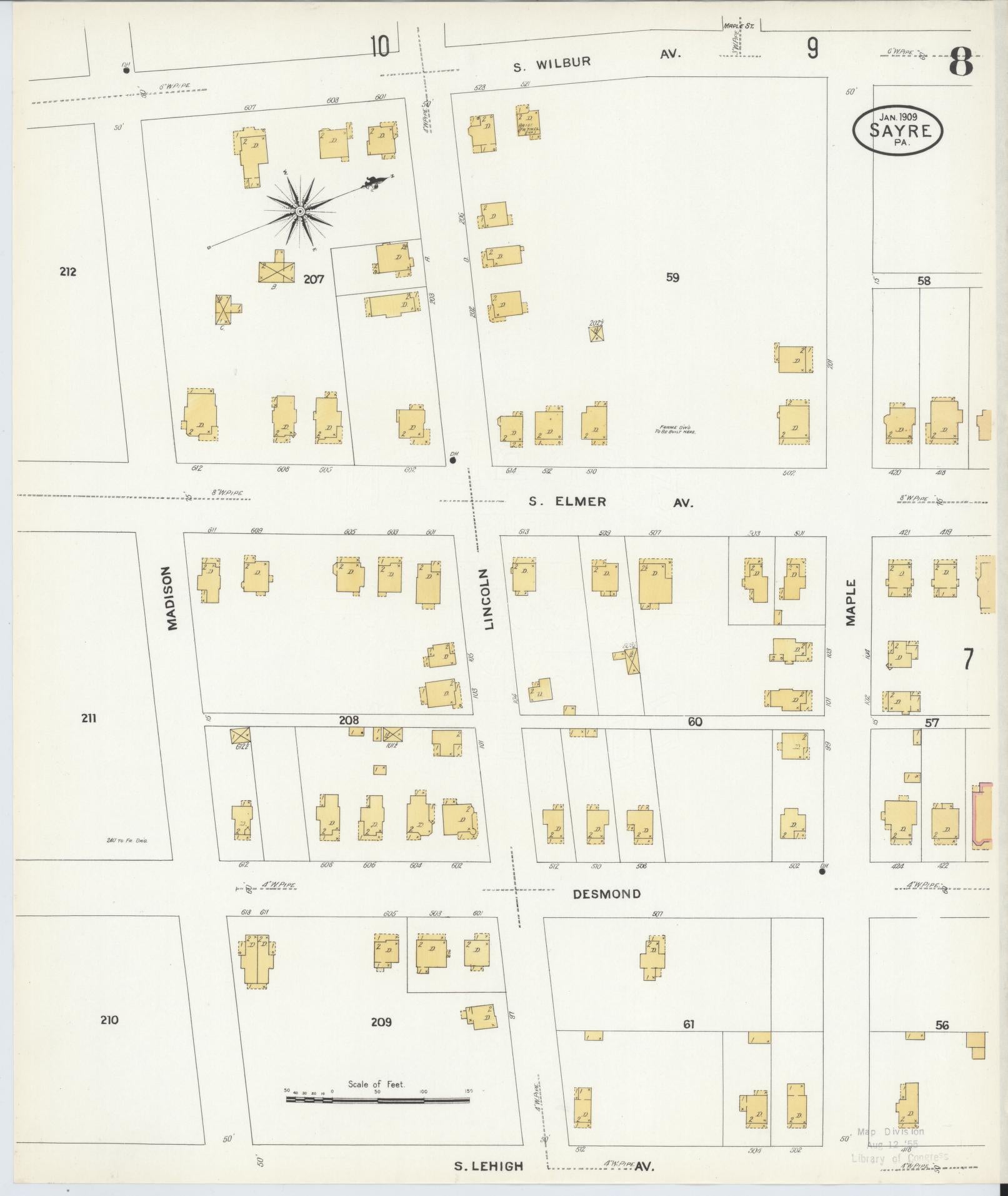 Sanborn Fire Insurance Map from Sayre, Bradford County, Pennsylvania (1909), Sheet #0008 - Historic Sanborn Fire Insurance Map Print, vintage old map wall art, antique decor, genealogy gift, Pennsylvania Pennsylvania map
