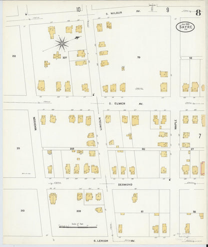 Sanborn Fire Insurance Map from Sayre, Bradford County, Pennsylvania (1909), Sheet #0008 - Historic Sanborn Fire Insurance Map Print, vintage old map wall art, antique decor, genealogy gift, Pennsylvania Pennsylvania map
