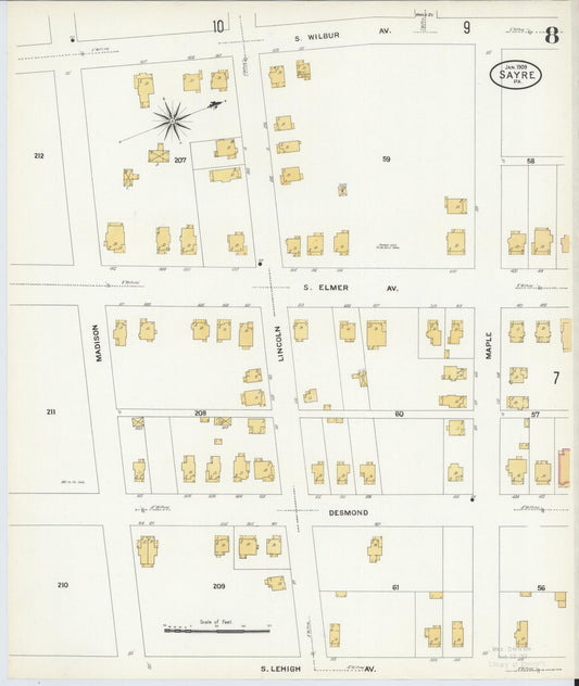 Sanborn Fire Insurance Map from Sayre, Bradford County, Pennsylvania (1909), Sheet #0008 - Historic Sanborn Fire Insurance Map Print, vintage old map wall art, antique decor, genealogy gift, Pennsylvania Pennsylvania map