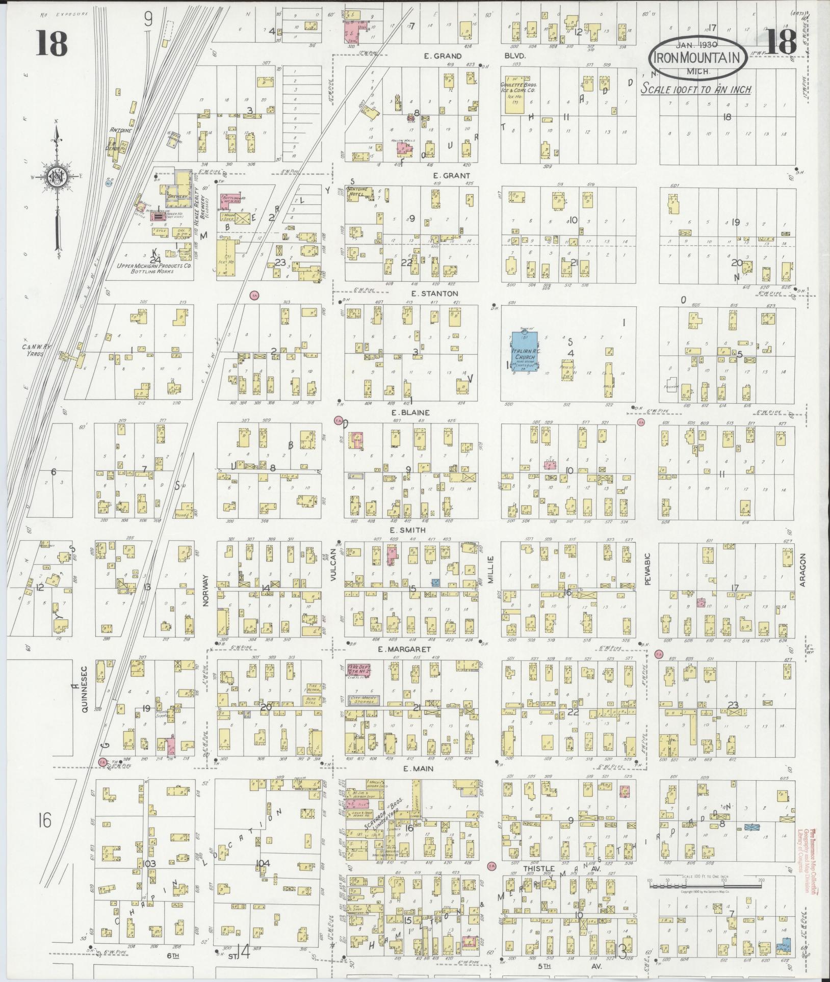 Sanborn Fire Insurance Map from Iron Mountain, Dickinson County, Michigan (1930), Sheet #0018 - Historic Sanborn Fire Insurance Map Print, vintage old map wall art, antique decor, genealogy gift, Michigan Michigan map