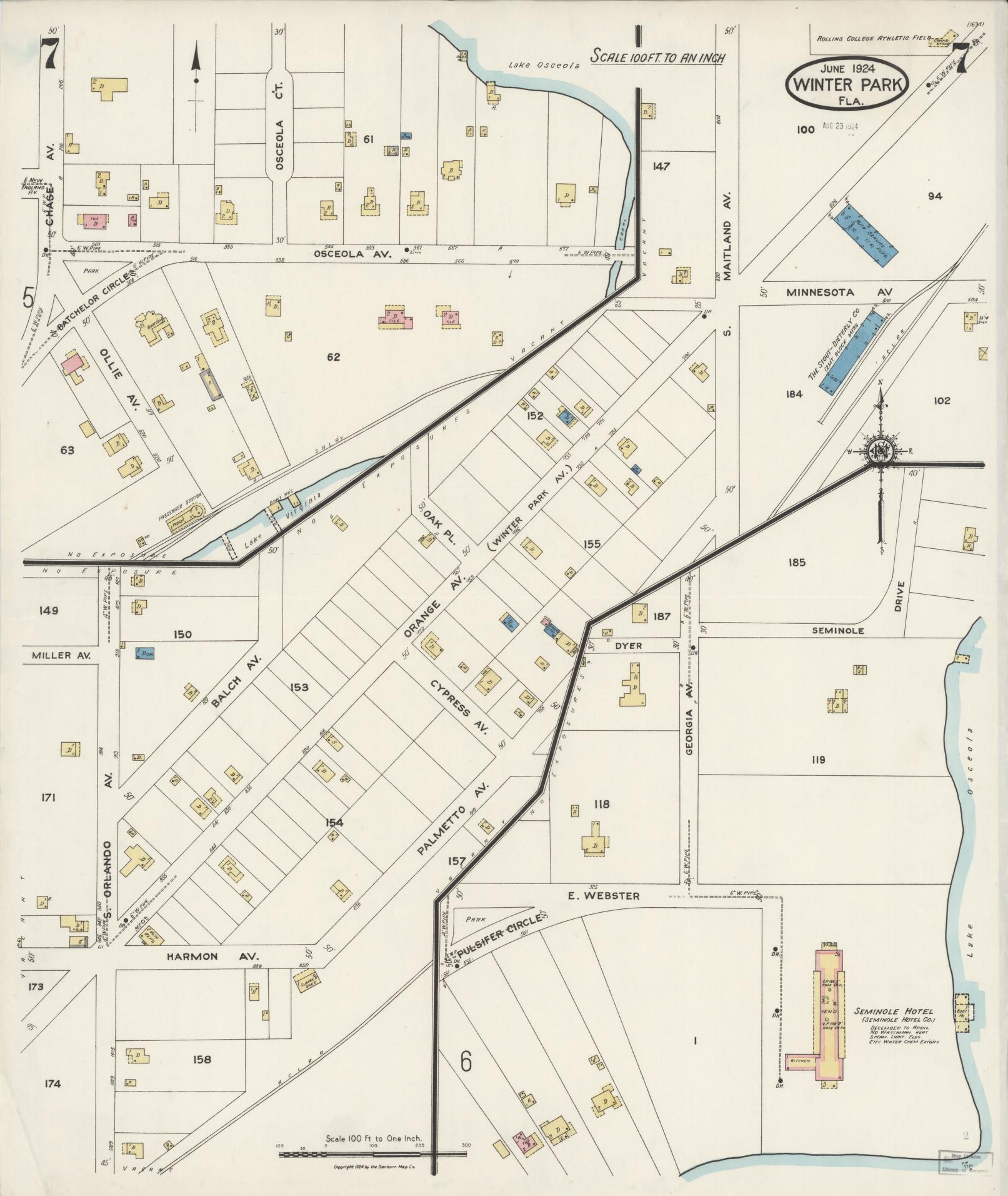 Sanborn Fire Insurance Map from Winter Park, Orange County, Florida (1924), Sheet #0007 - Historic Sanborn Fire Insurance Map Print, vintage old map wall art, antique decor, genealogy gift, Florida Florida map