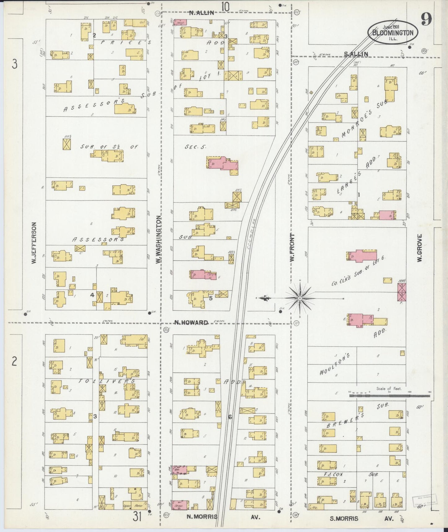 Sanborn Fire Insurance Map from Bloomington, McLean County, Illinois (1901), Sheet #0009 - Complete Map Set gallery image, historic Sanborn map, vintage wall art, Illinois Illinois