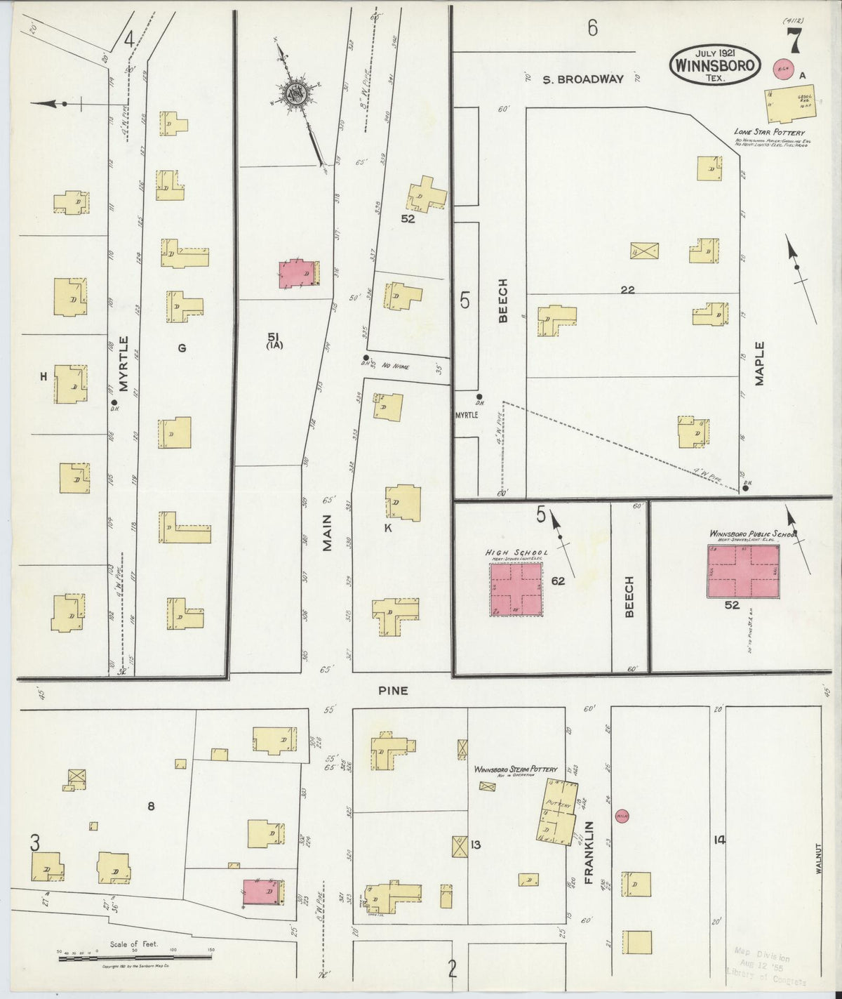 Sanborn Fire Insurance Map from Winnsboro, Wood County, Texas (1921), Sheet #0007 - Complete Map Set gallery image, historic Sanborn map, vintage wall art, Texas Texas