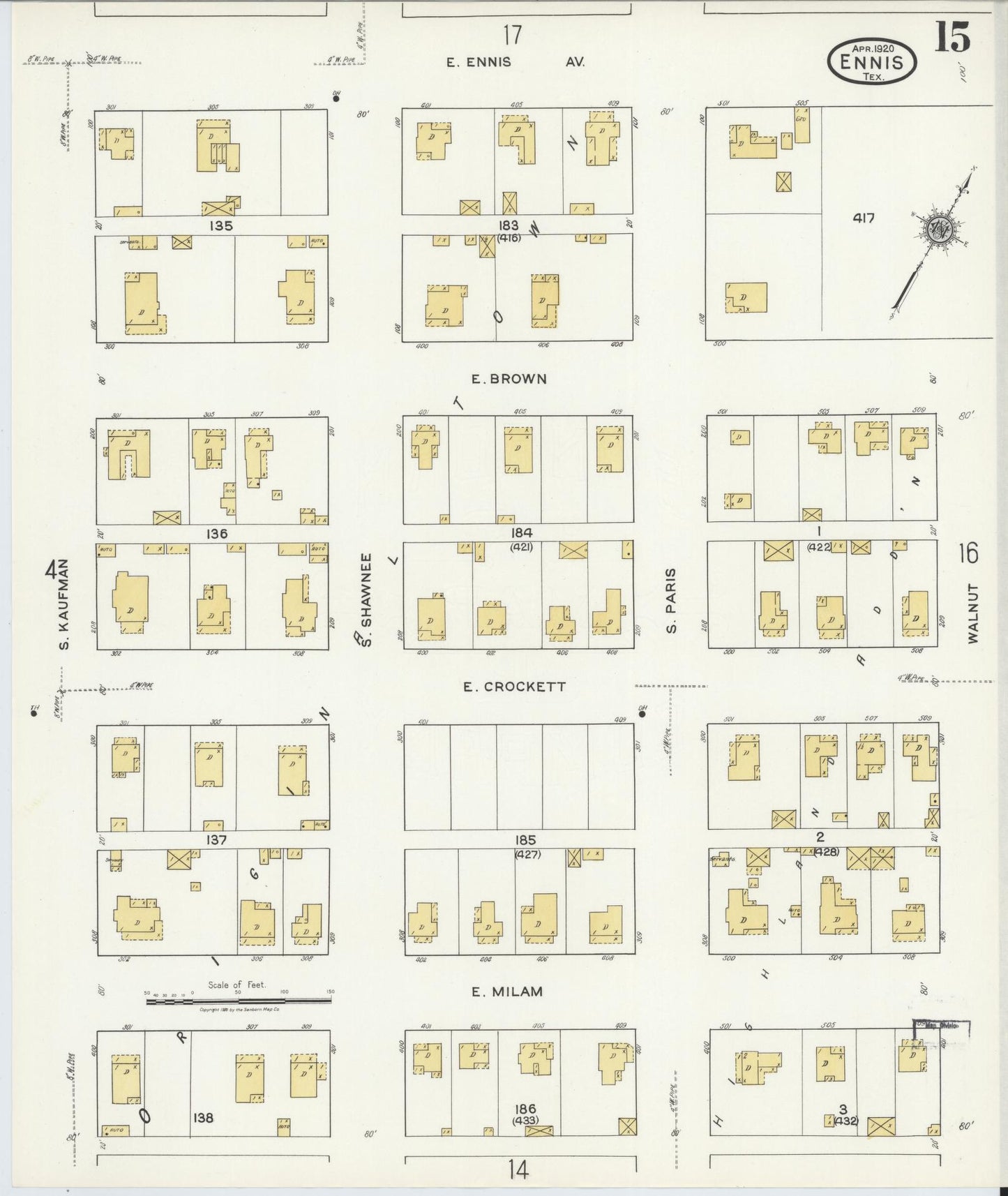 Sanborn Fire Insurance Map from Ennis, Ellis County, Texas (1920), Sheet #0015 - Complete Map Set gallery image, historic Sanborn map, vintage wall art, Texas Texas