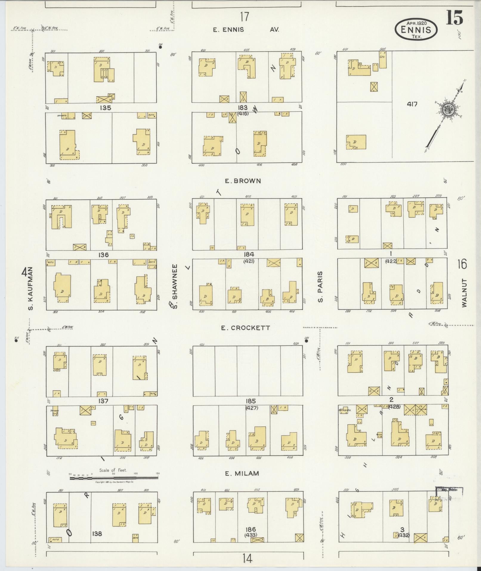 Sanborn Fire Insurance Map from Ennis, Ellis County, Texas (1920), Sheet #0015 - Complete Map Set gallery image, historic Sanborn map, vintage wall art, Texas Texas
