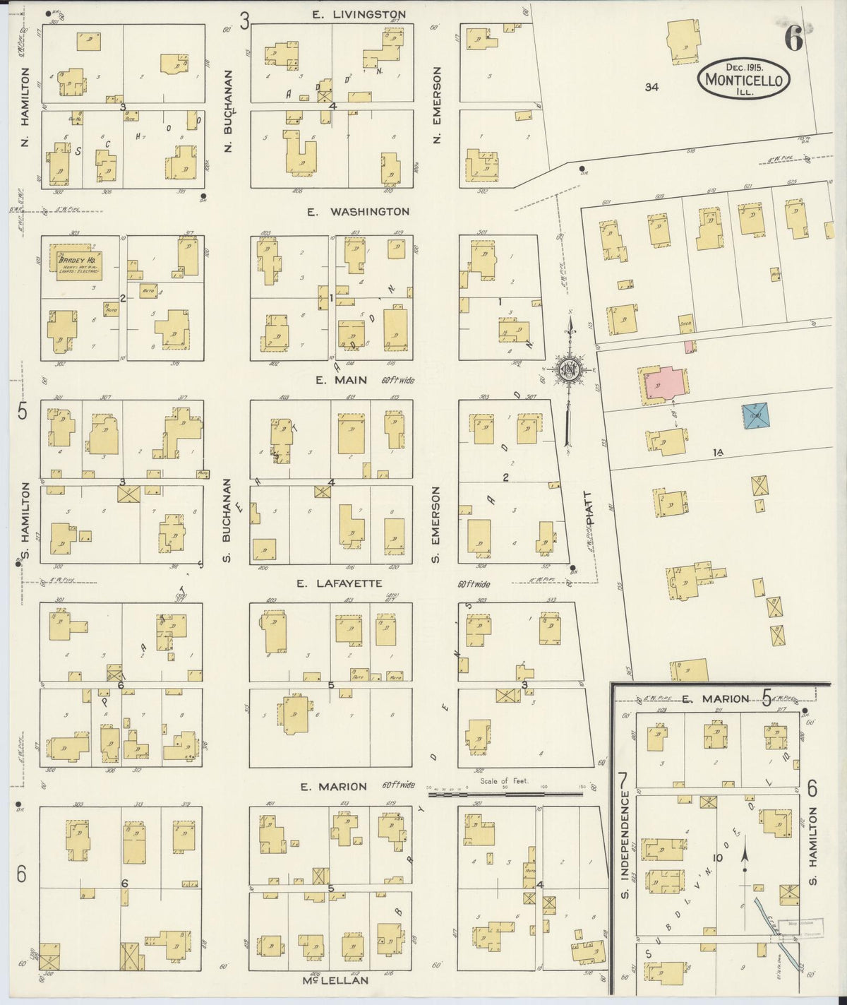 Sanborn Fire Insurance Map from Monticello, Piatt County, Illinois (1915), Sheet #0006 - Historic Sanborn Fire Insurance Map Print, vintage old map wall art, antique decor, genealogy gift, Illinois Illinois map