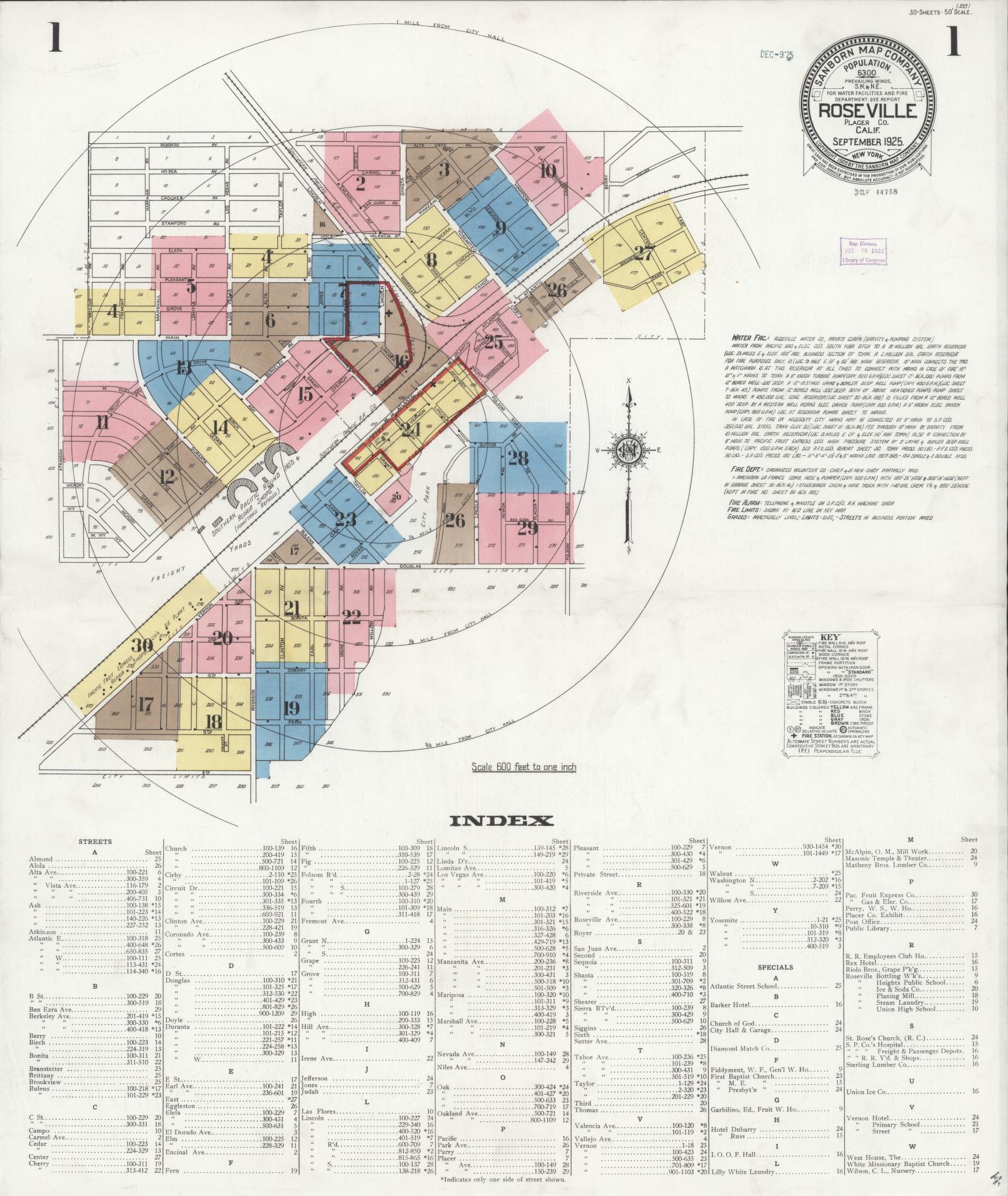 Sanborn Fire Insurance Map from Roseville, Placer County, California (1925), Sheet #0001 - Complete Map Set gallery image, historic Sanborn map, vintage wall art, California California