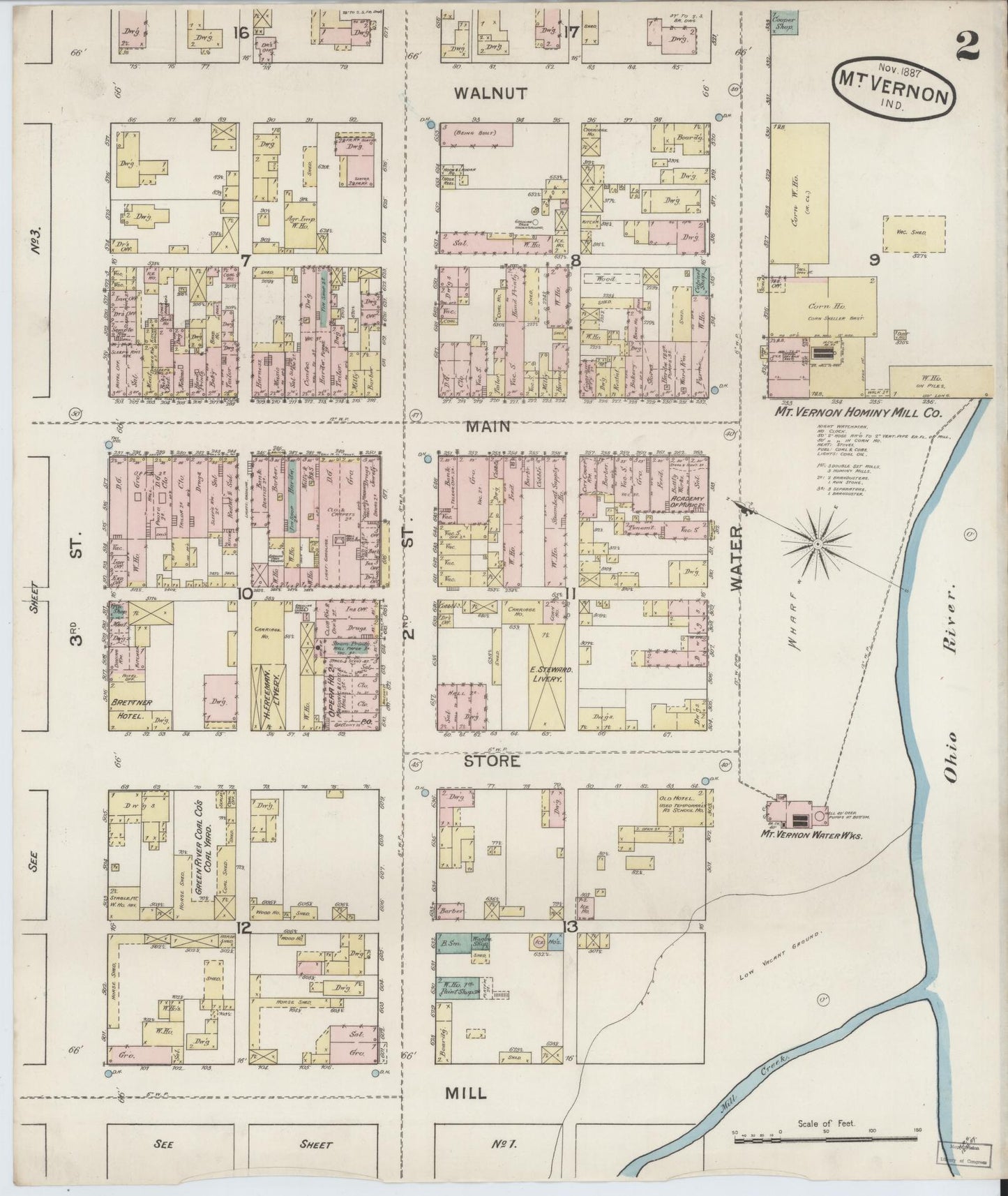 Sanborn Fire Insurance Map from Mount Vernon, Posey County, Indiana (1887), Sheet #0002 - Complete Map Set gallery image, historic Sanborn map, vintage wall art, Indiana Indiana