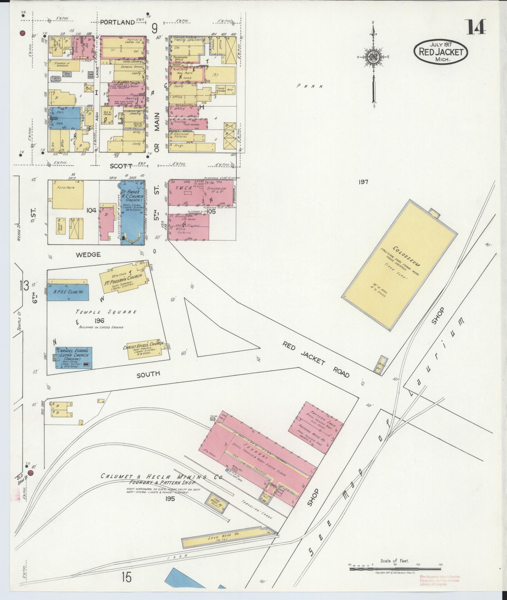 Sanborn Fire Insurance Map from Red Jacket, Houghton County, Michigan (1917), Sheet #0014 - Complete Map Set gallery image, historic Sanborn map, vintage wall art, Michigan Michigan