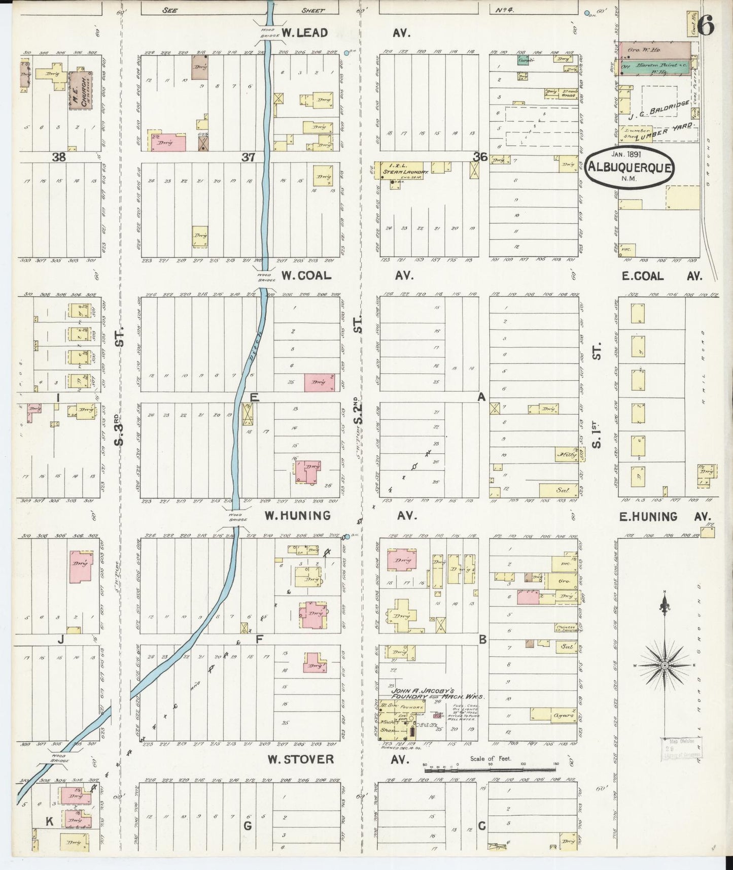 Sanborn Fire Insurance Map from Albuquerque, Bernalillo County, New Mexico (1891), Sheet #0006 - Historic Sanborn Fire Insurance Map Print, vintage old map wall art, antique decor, genealogy gift, New Mexico New Mexico map