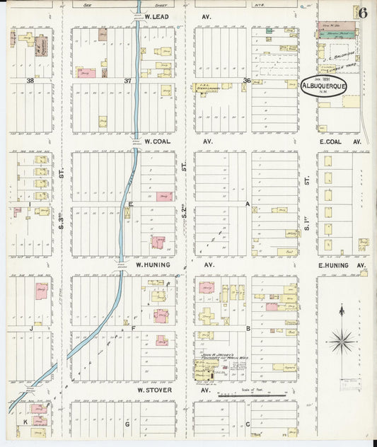 Sanborn Fire Insurance Map from Albuquerque, Bernalillo County, New Mexico (1891), Sheet #0006 - Historic Sanborn Fire Insurance Map Print, vintage old map wall art, antique decor, genealogy gift, New Mexico New Mexico map